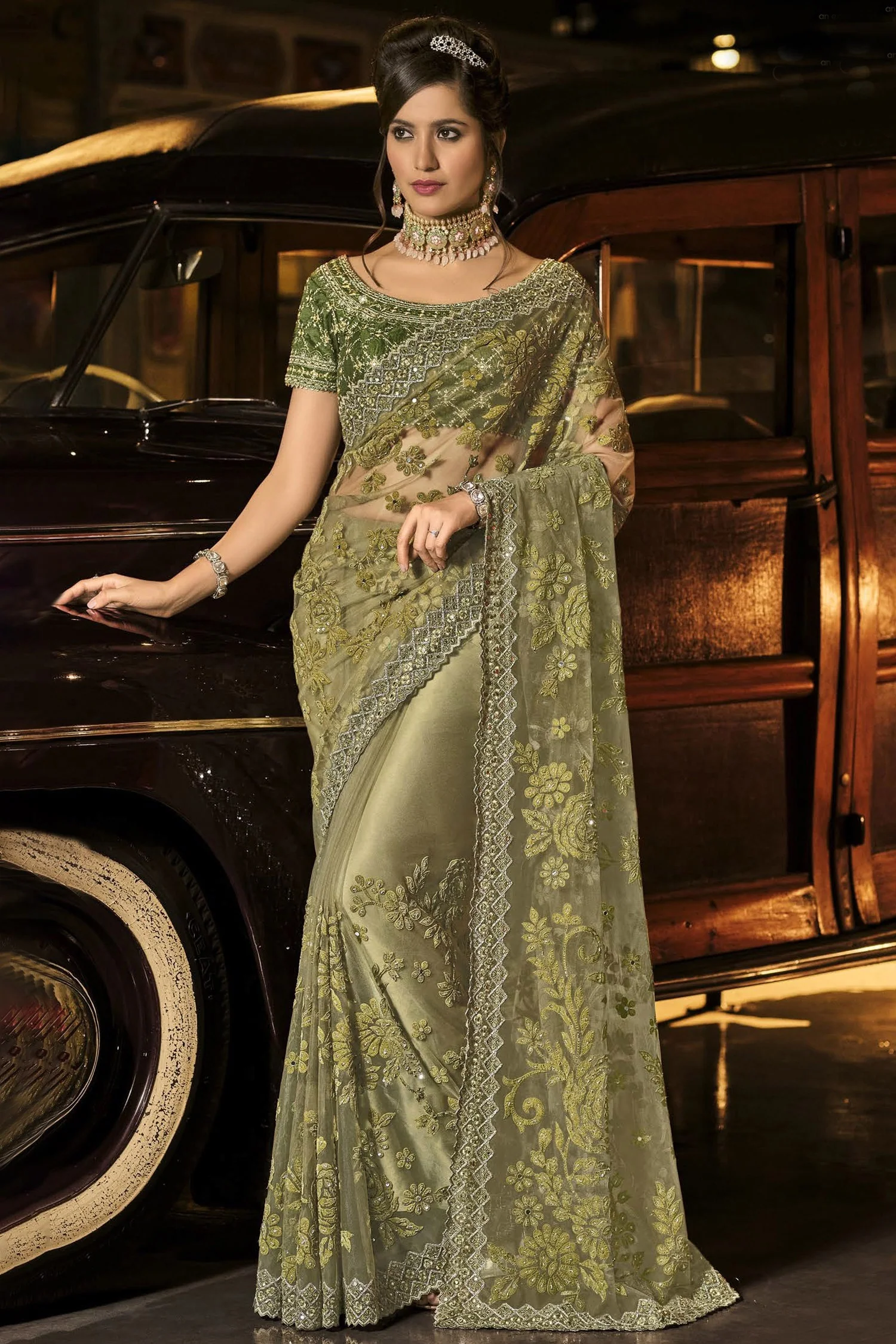 Fancy Moss Green Net Designer Saree