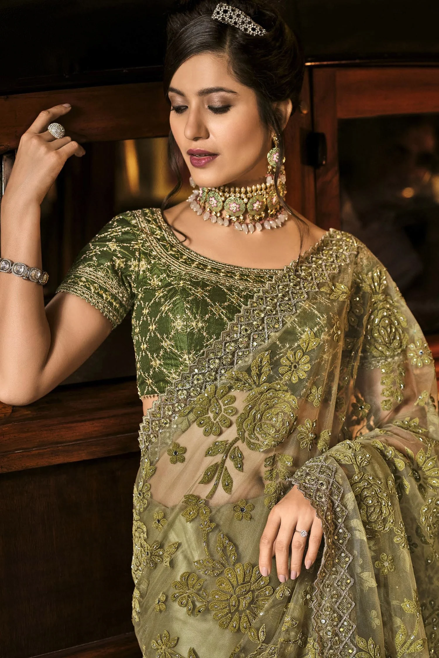 Fancy Moss Green Net Designer Saree - Image 2