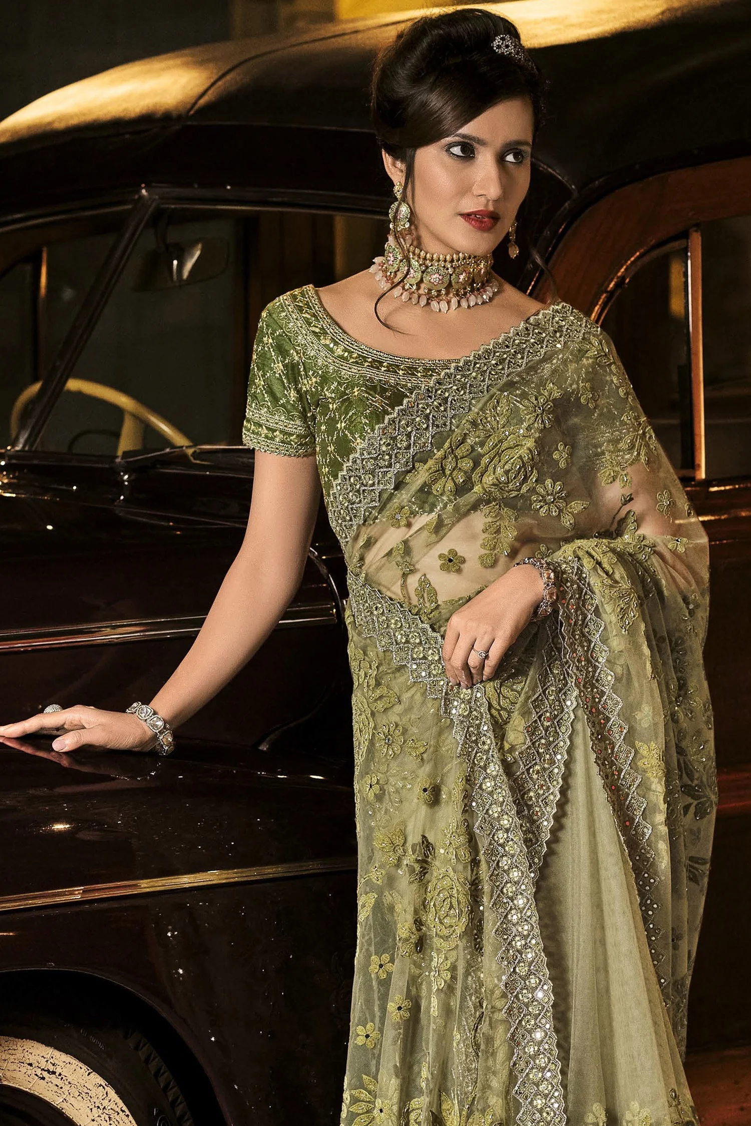 Fancy Moss Green Net Designer Saree - Image 3