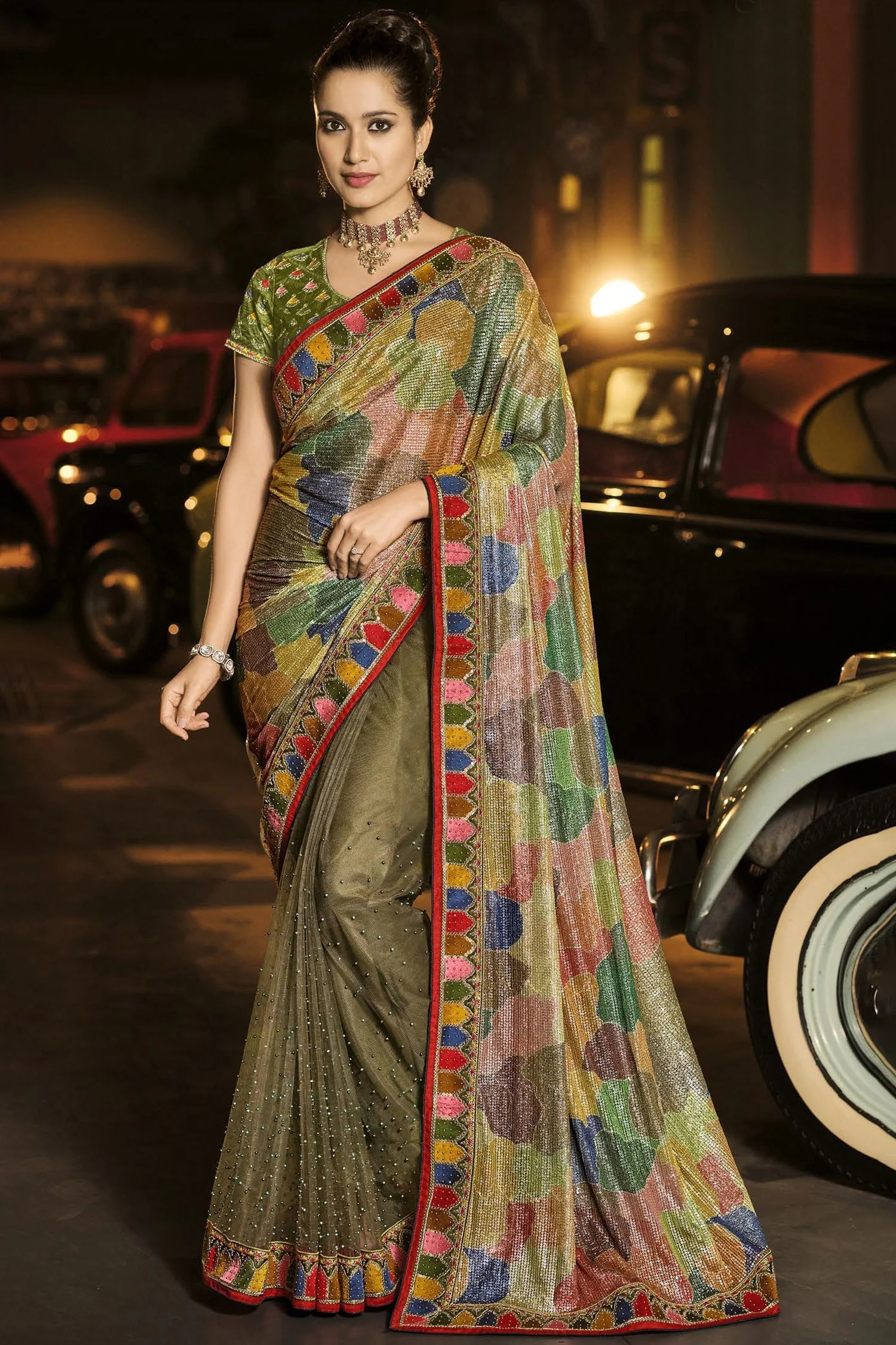 Fancy Multi Green Luxe Net Fabric Designer Saree
