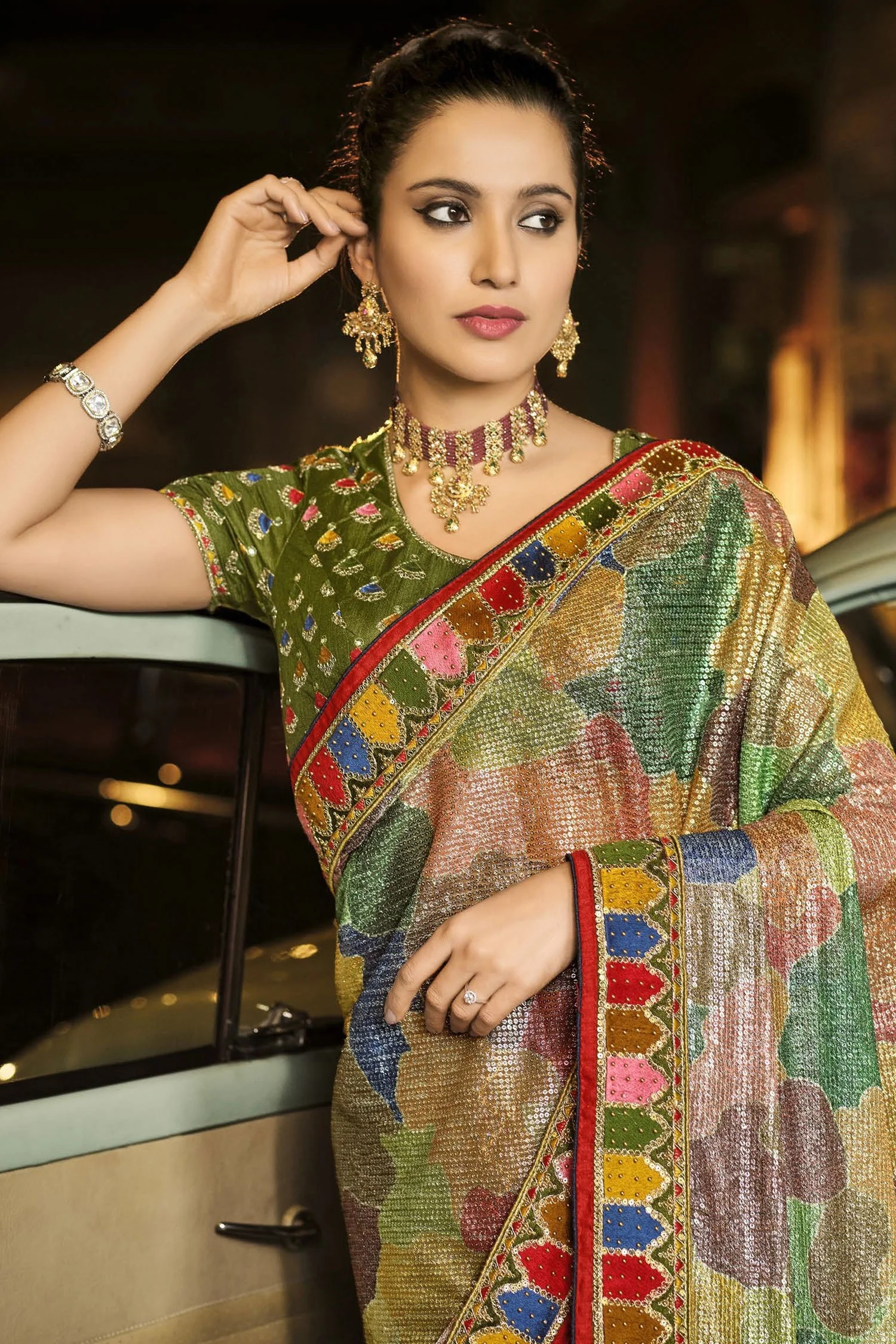 Fancy Multi Green Luxe Net Fabric Designer Saree - Image 2