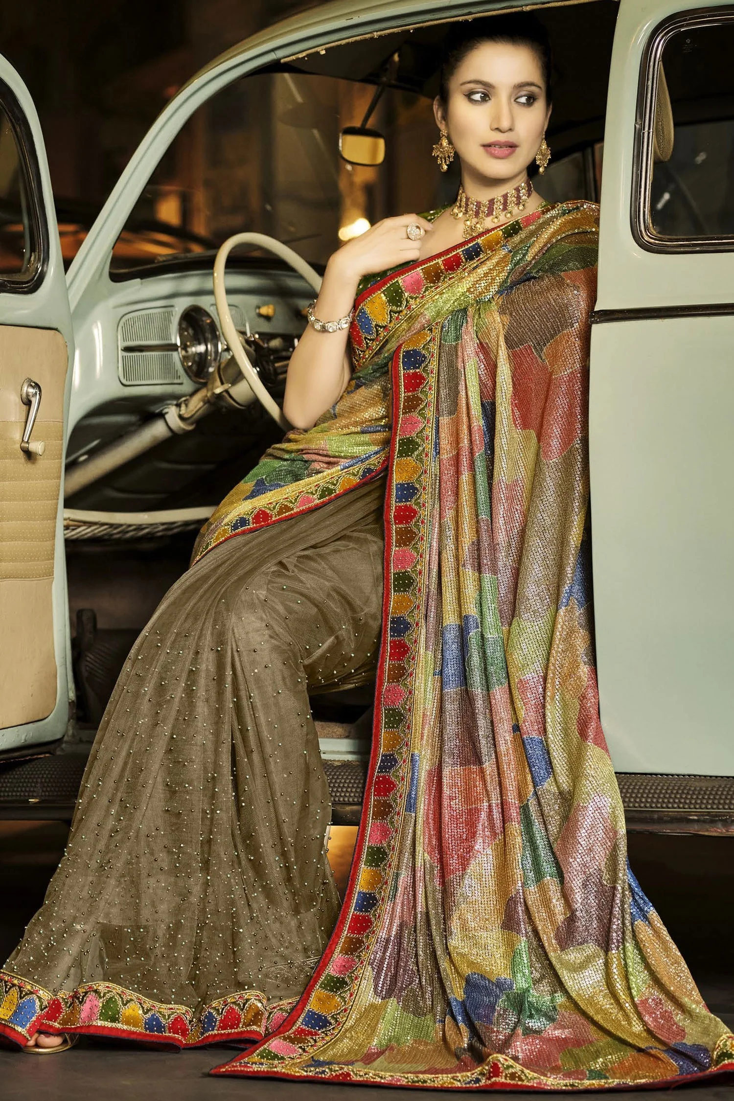 Fancy Multi Green Luxe Net Fabric Designer Saree - Image 3