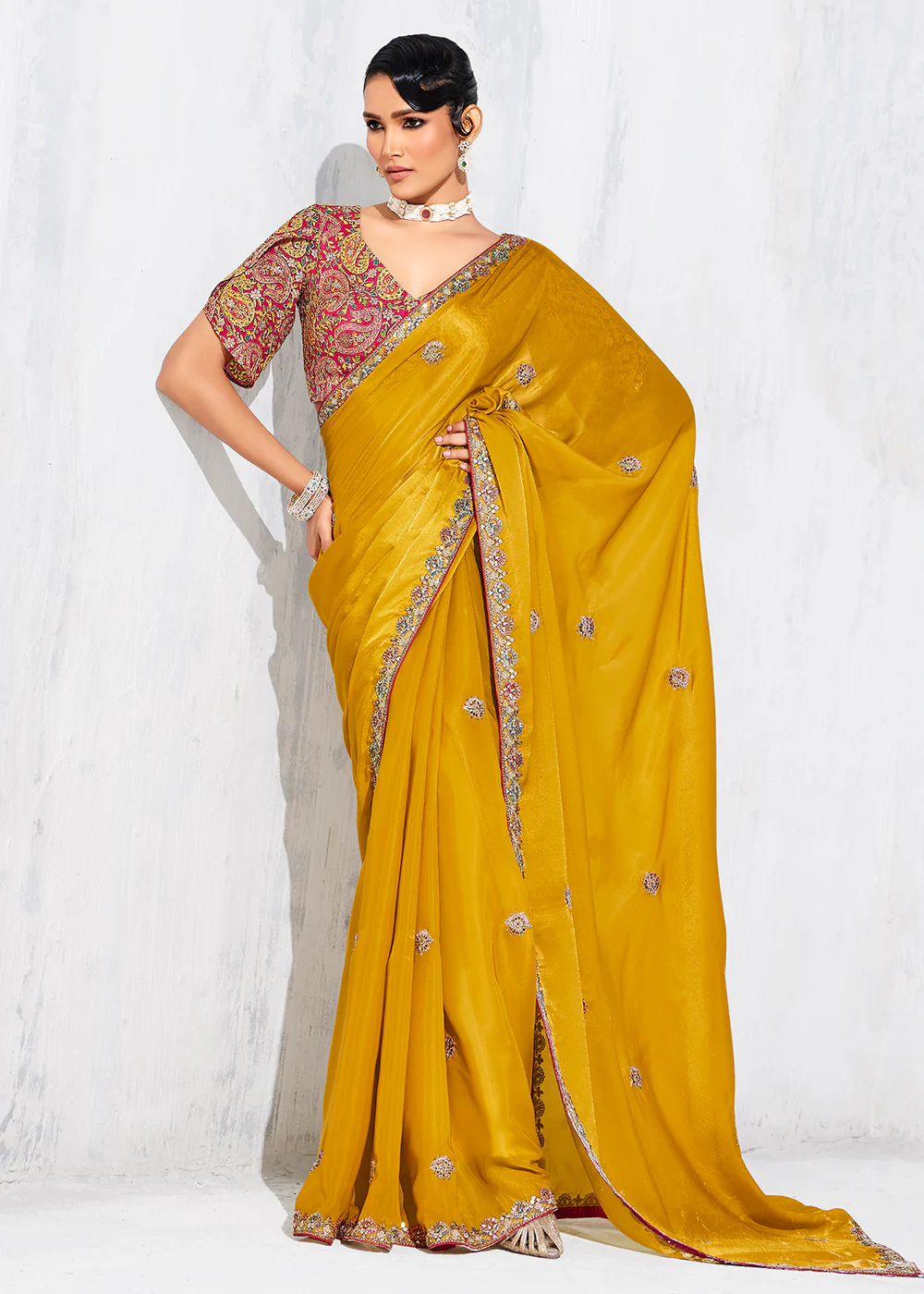 Fancy Mustard Organza Tissue Designer Party Wear Saree
