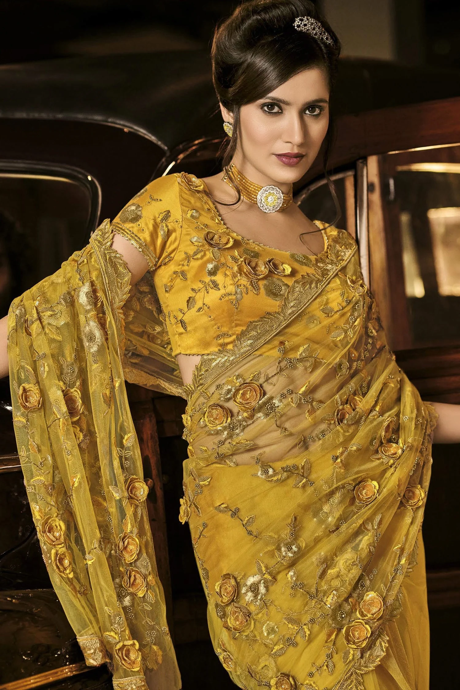 Fancy Mustard Yellow Net Designer Saree - Image 2