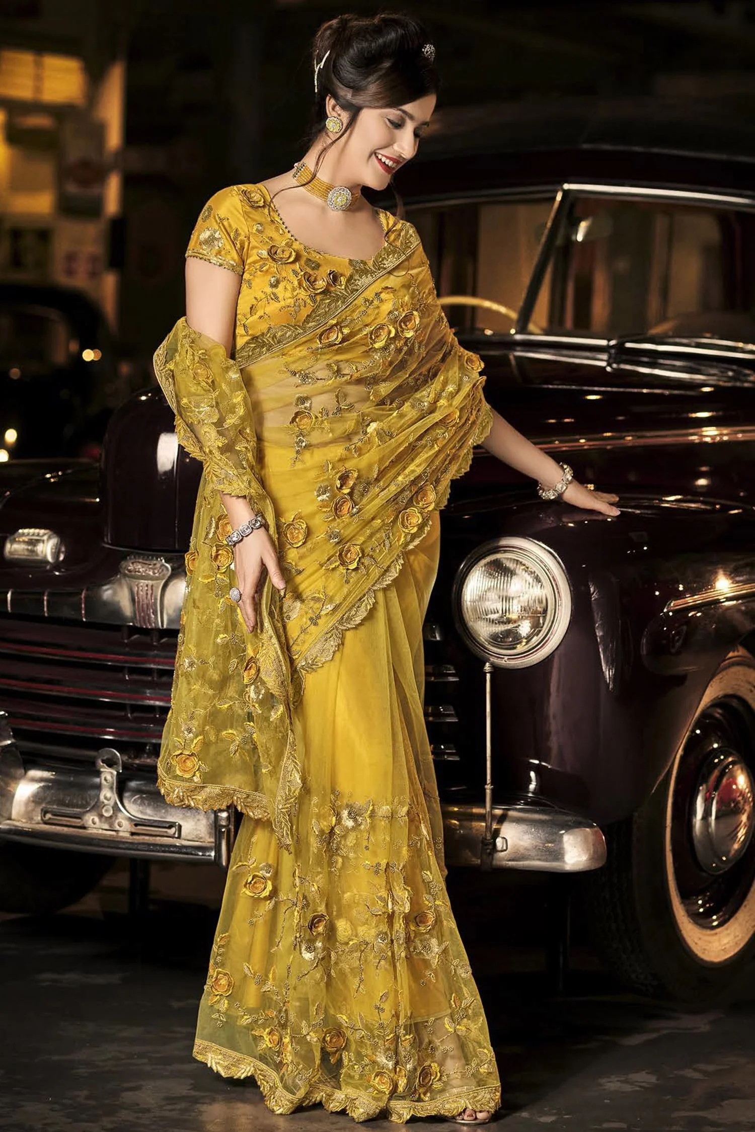 Fancy Mustard Yellow Net Designer Saree - Image 3