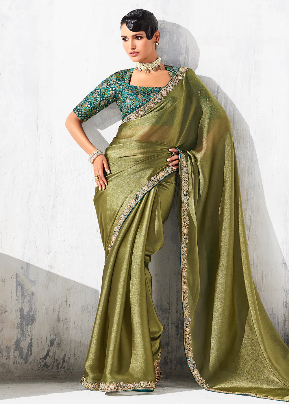 Fancy Olive Organza Tissue Designer Party Wear Saree