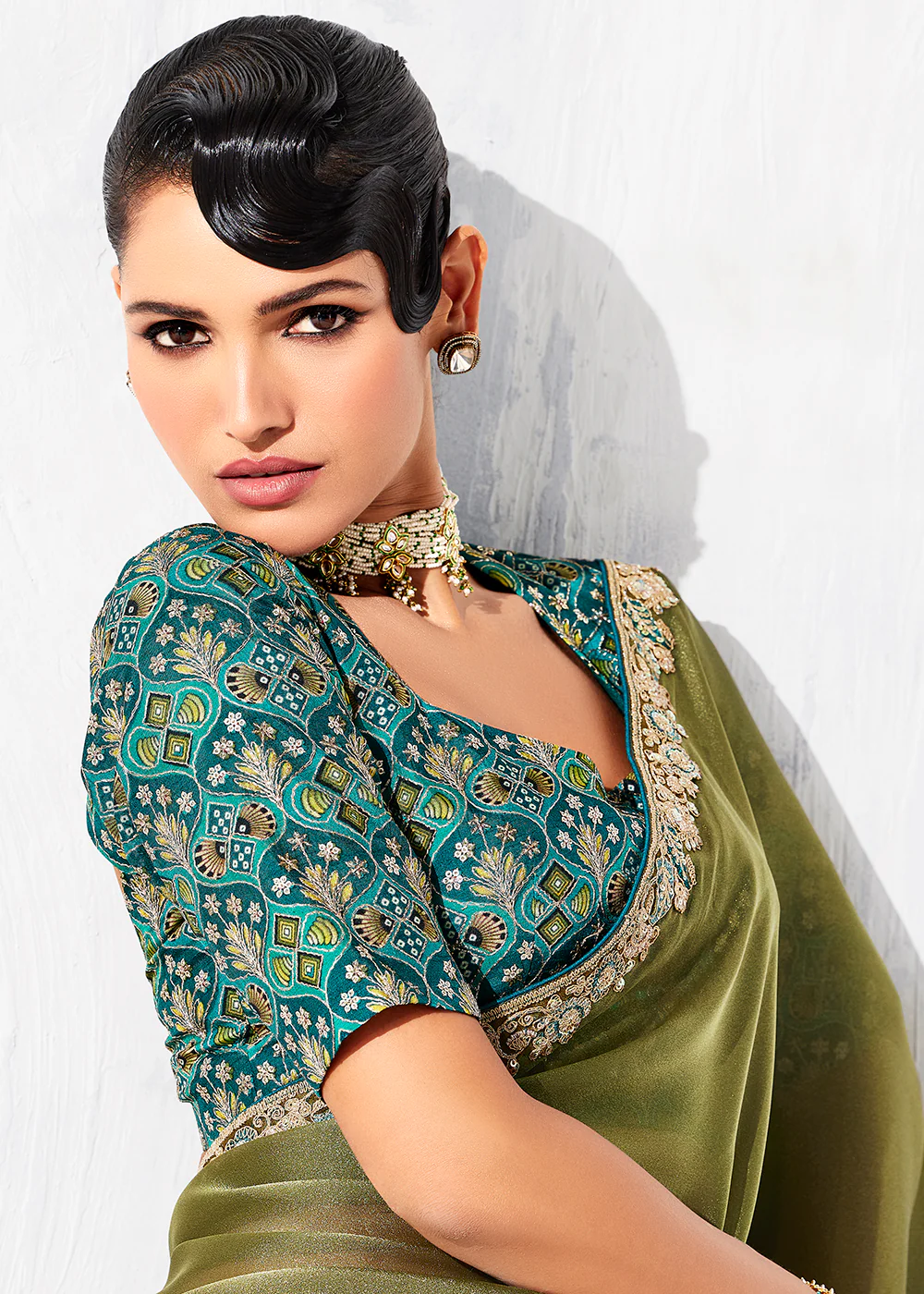 Fancy Olive Organza Tissue Designer Party Wear Saree - Image 2