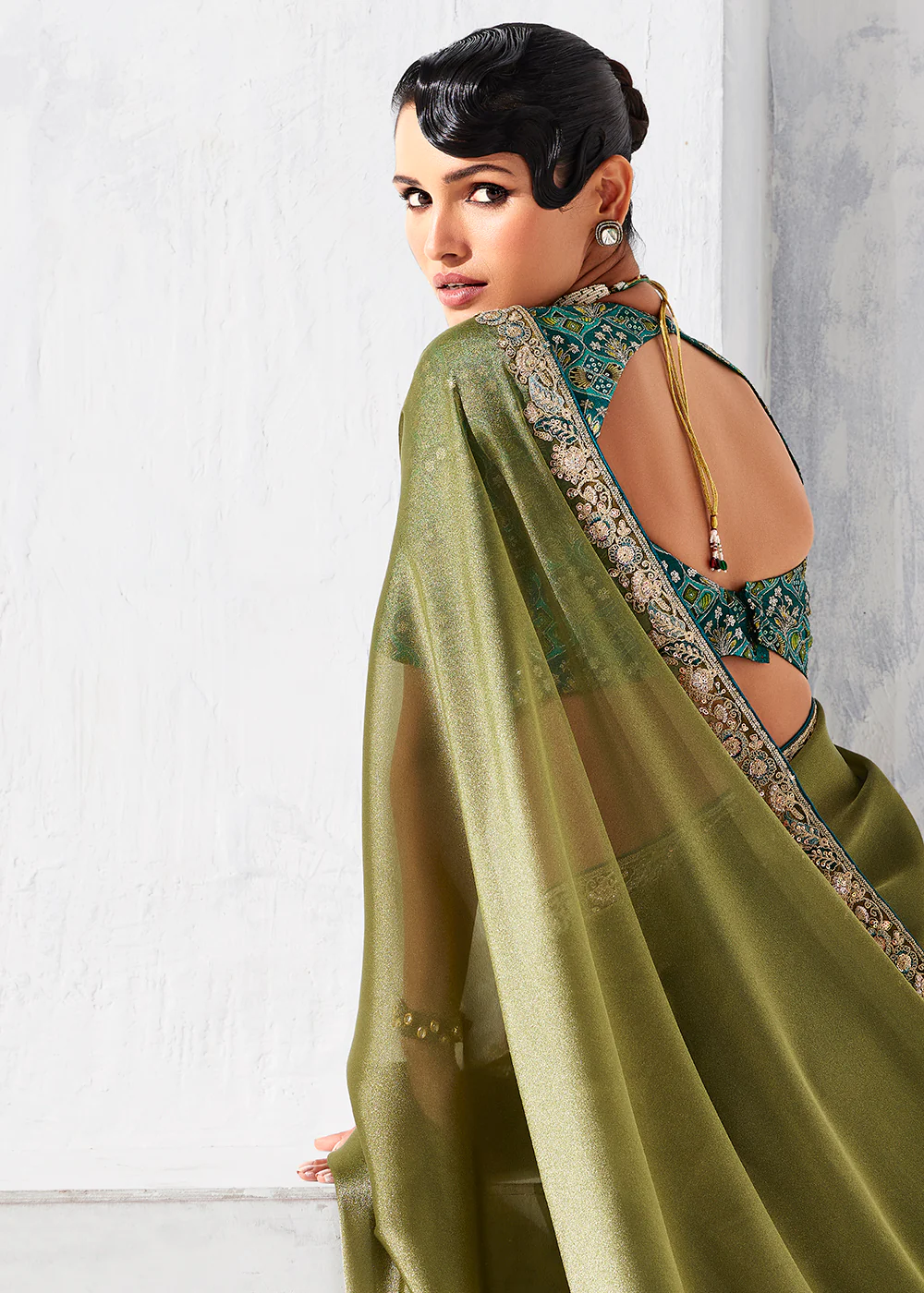 Fancy Olive Organza Tissue Designer Party Wear Saree - Image 3