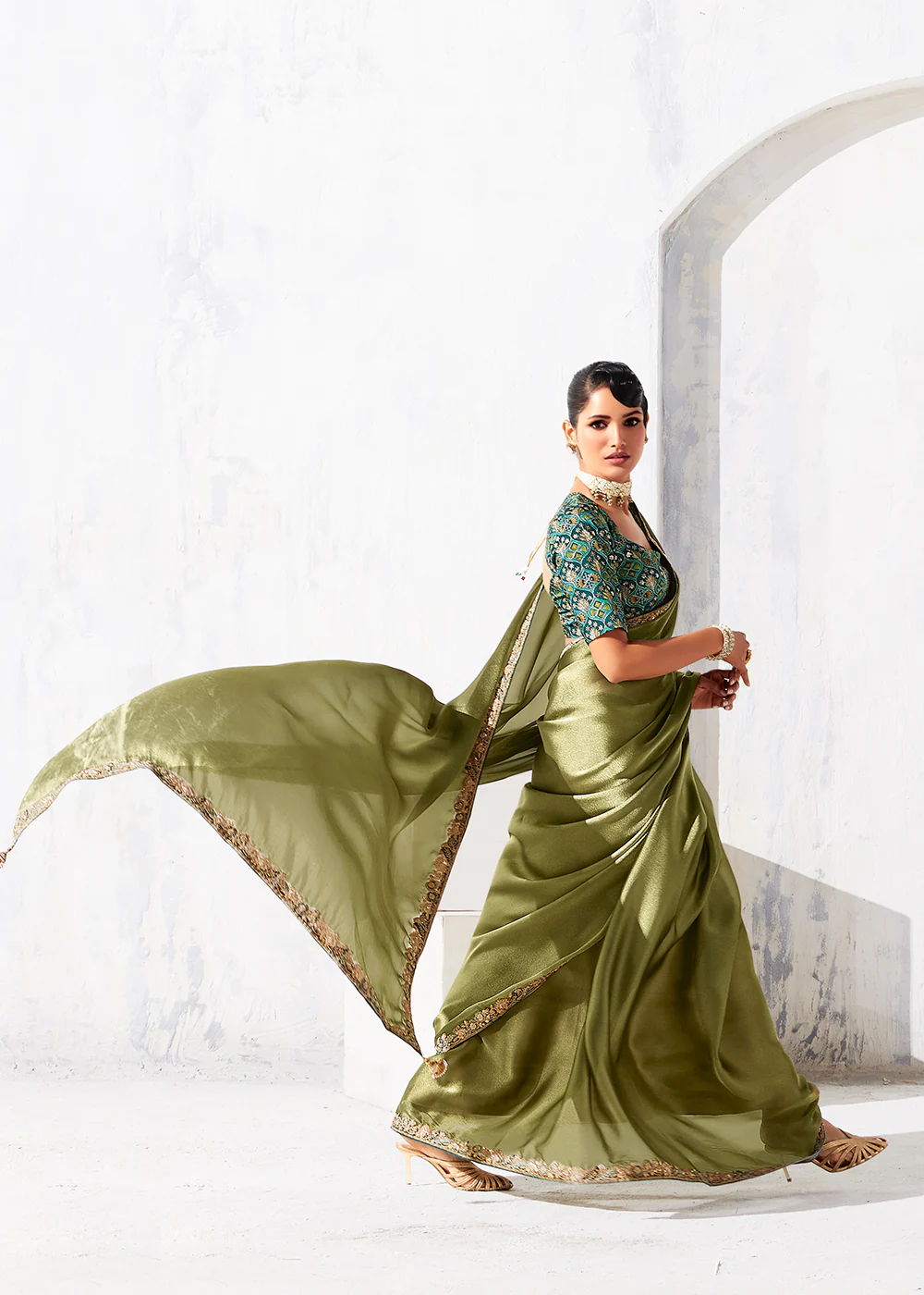 Fancy Olive Organza Tissue Designer Party Wear Saree - Image 4