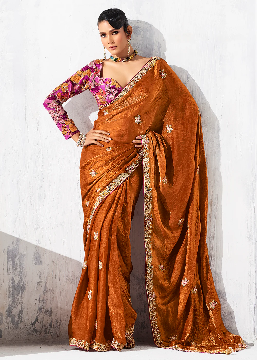 Fancy Orange Organza Tissue Designer Party Wear Saree