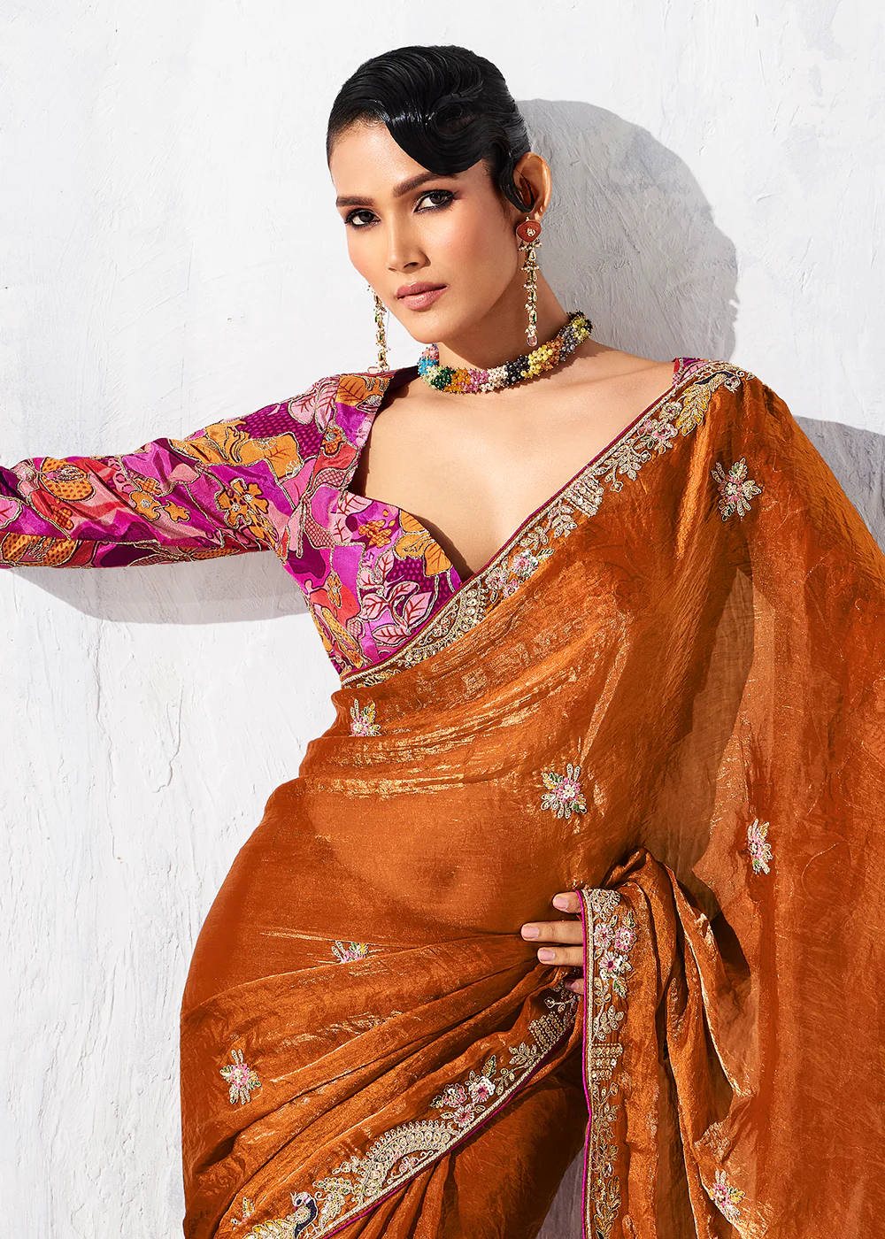 Fancy Orange Organza Tissue Designer Party Wear Saree - Image 2