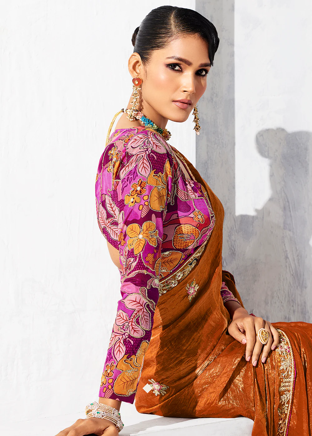 Fancy Orange Organza Tissue Designer Party Wear Saree - Image 3