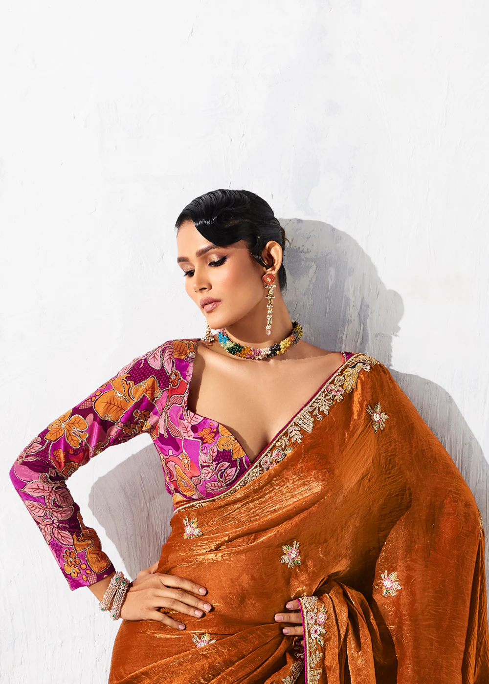 Fancy Orange Organza Tissue Designer Party Wear Saree - Image 4