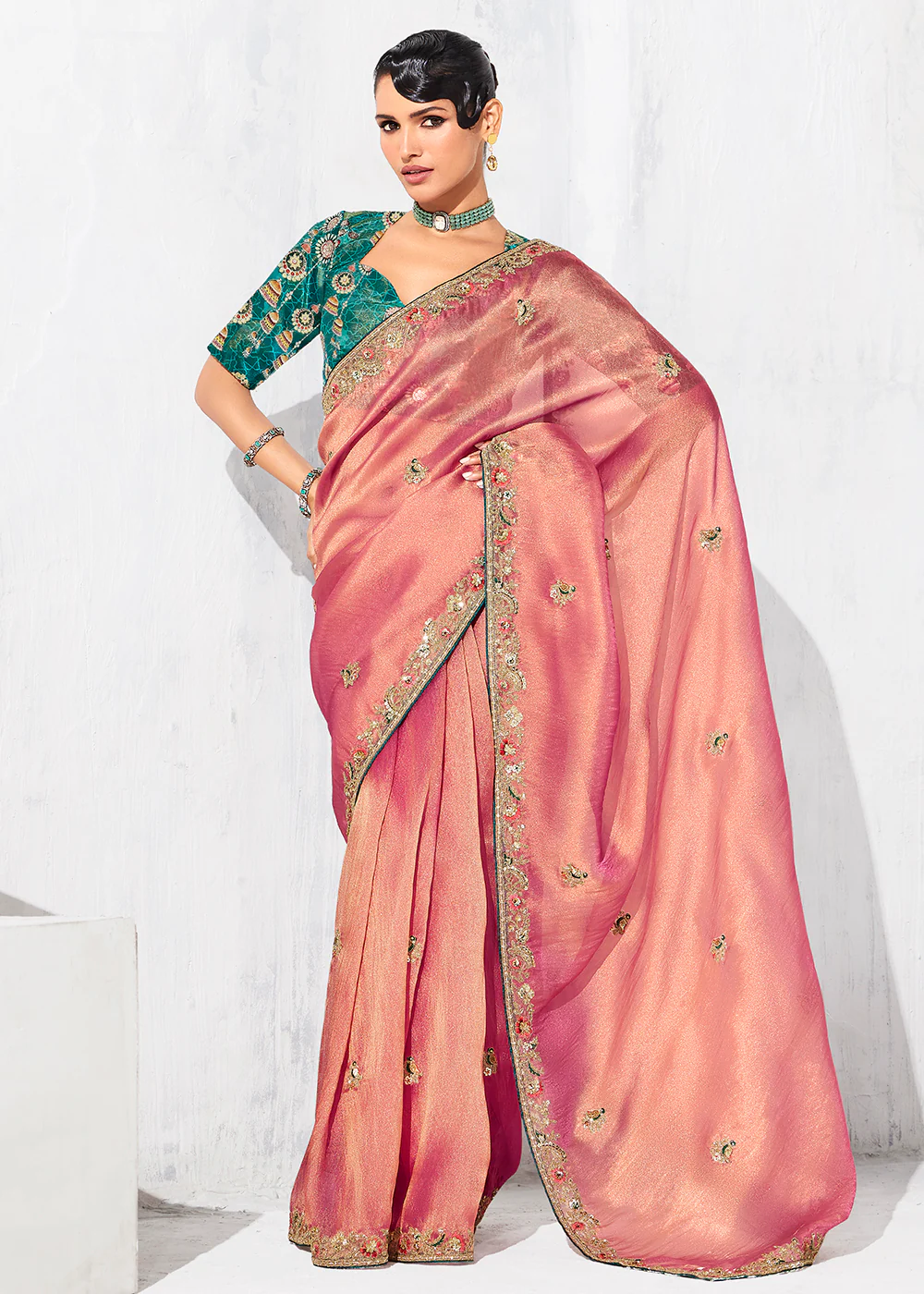 Fancy Peach Organza Tissue Designer Party Wear Saree