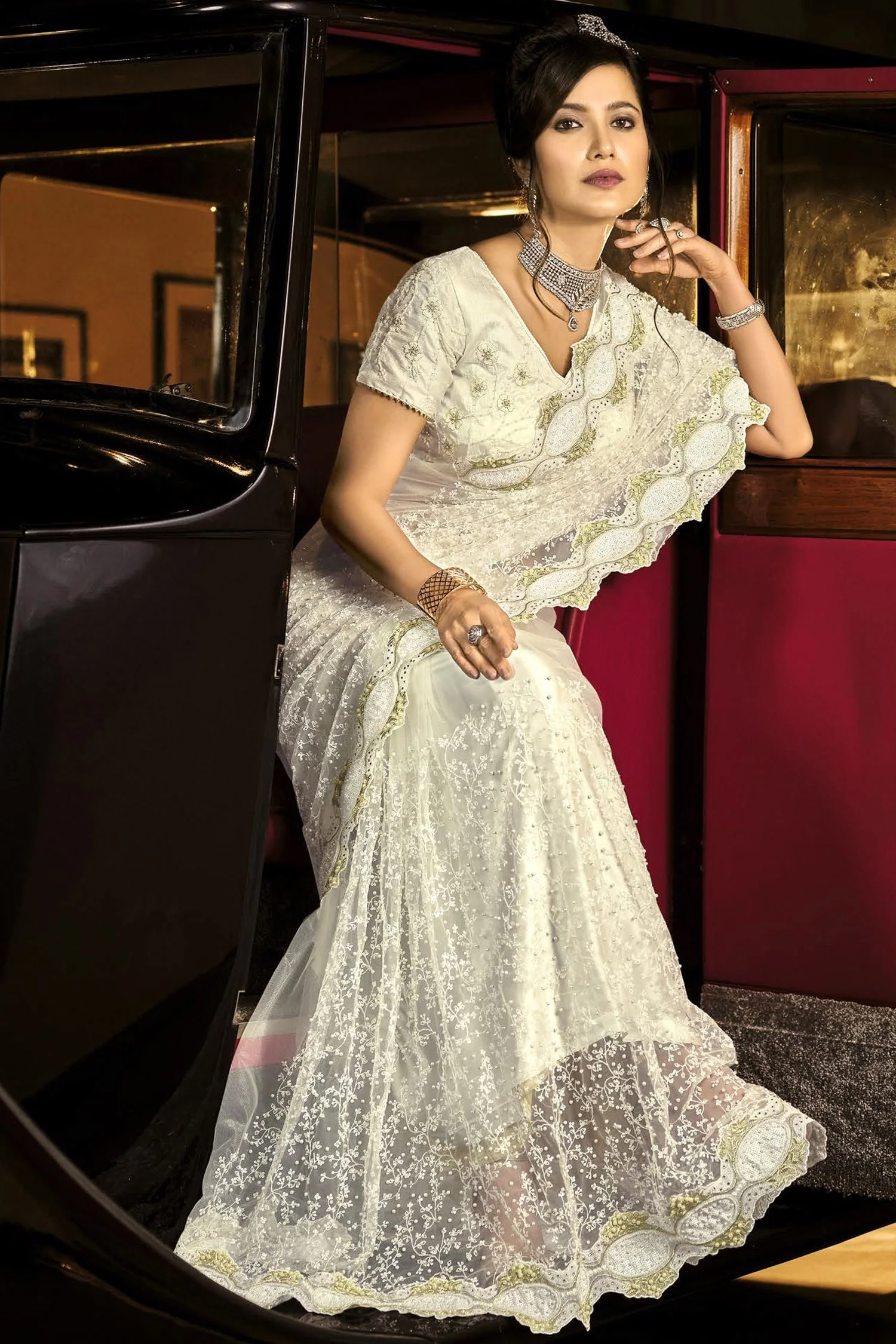 Fancy Pearl White Net Designer Saree - Image 2