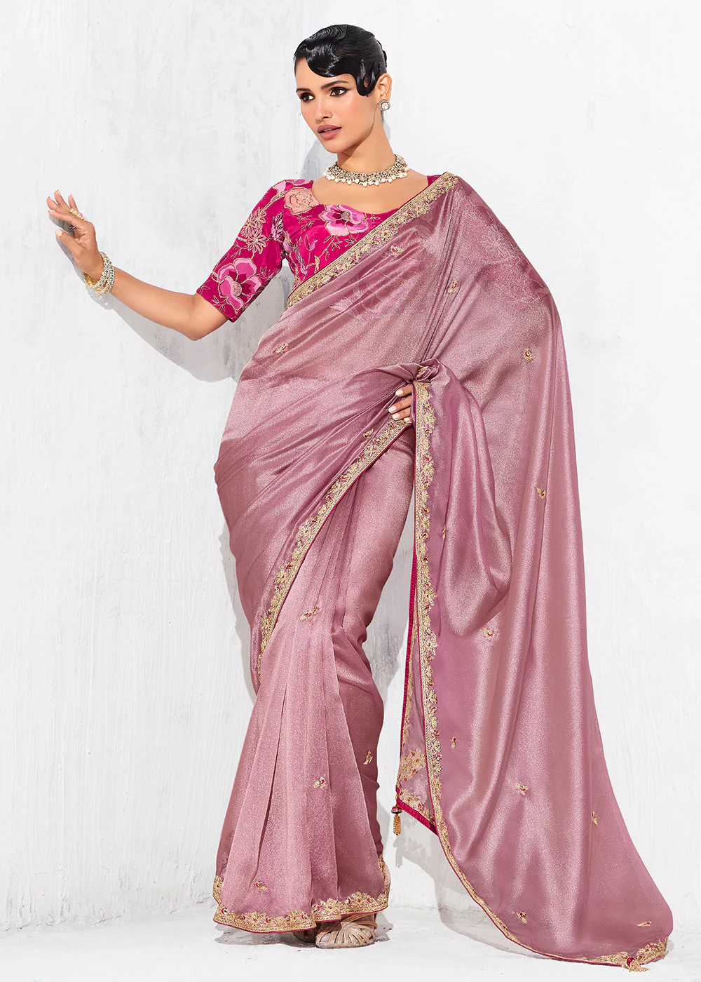 Fancy Pink Organza Tissue Designer Party Wear Saree