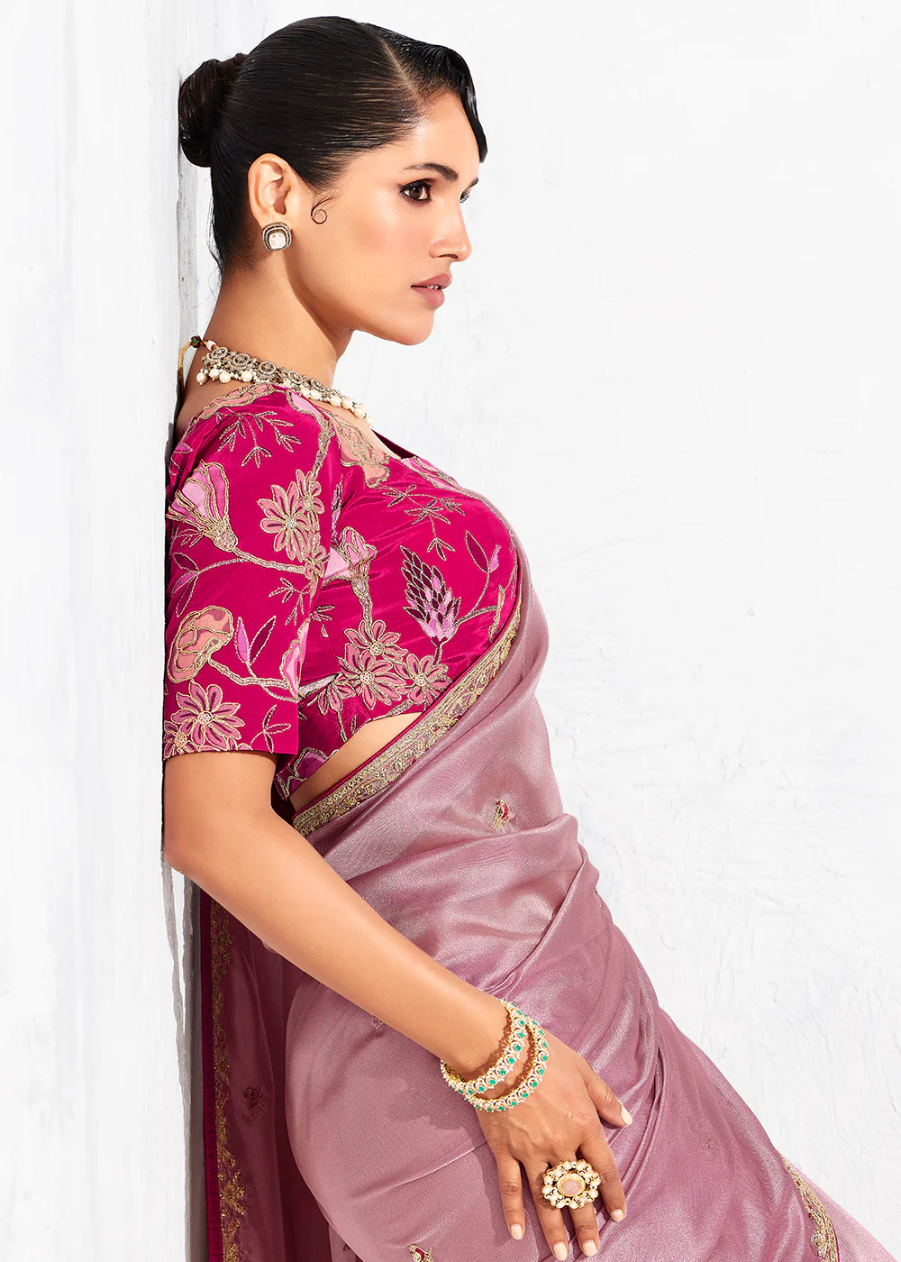 Fancy Pink Organza Tissue Designer Party Wear Saree - Image 2