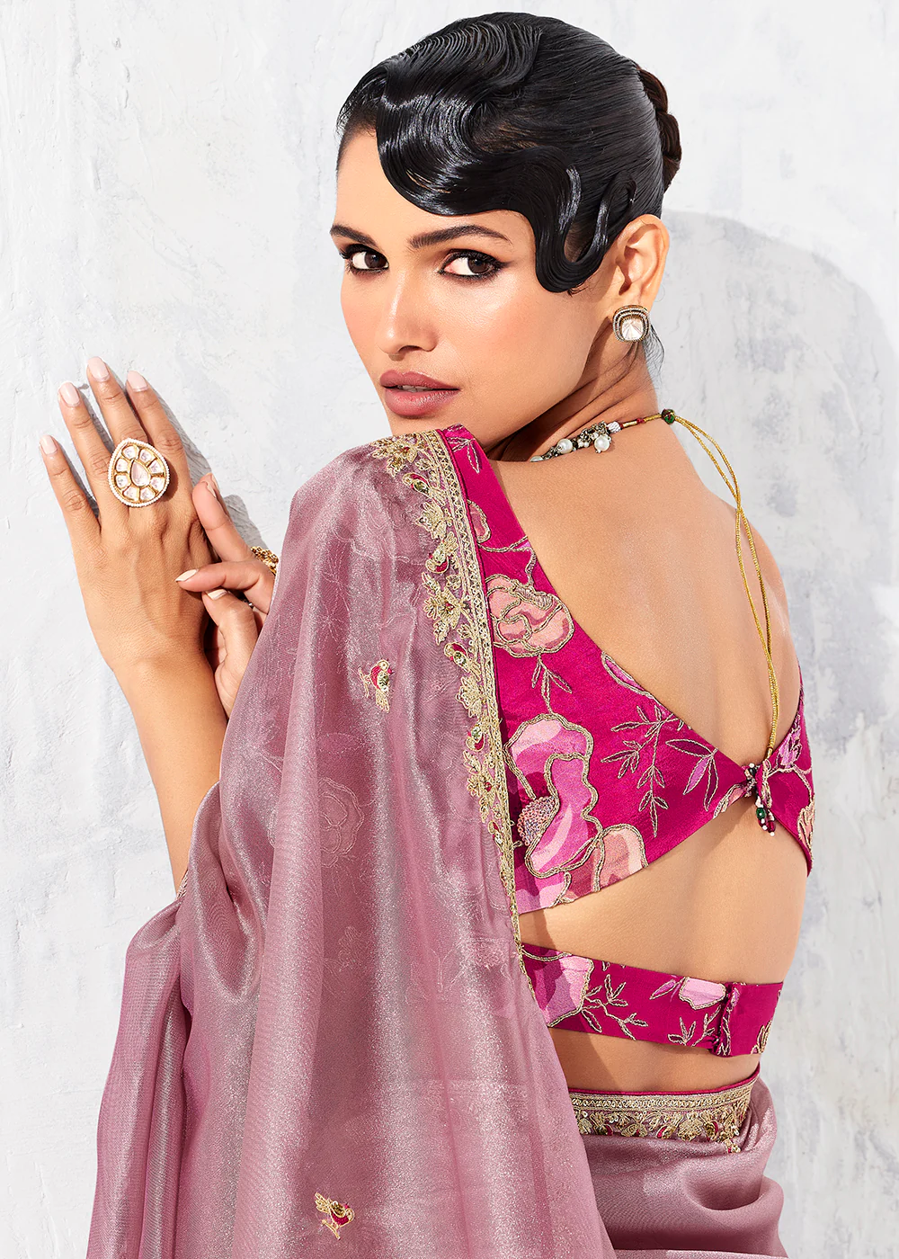 Fancy Pink Organza Tissue Designer Party Wear Saree - Image 3