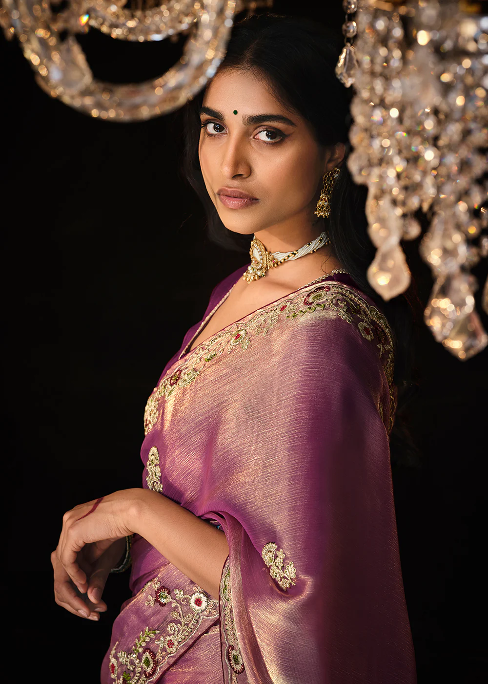Fancy Plum Violet Embroidered Designer Wedding Wear Saree - Image 2