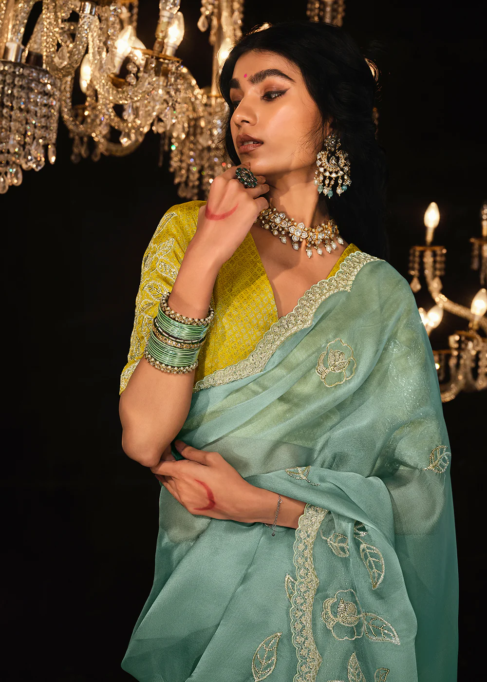 Fancy Powder Blue Embroidered Designer Wedding Wear Saree - Image 2