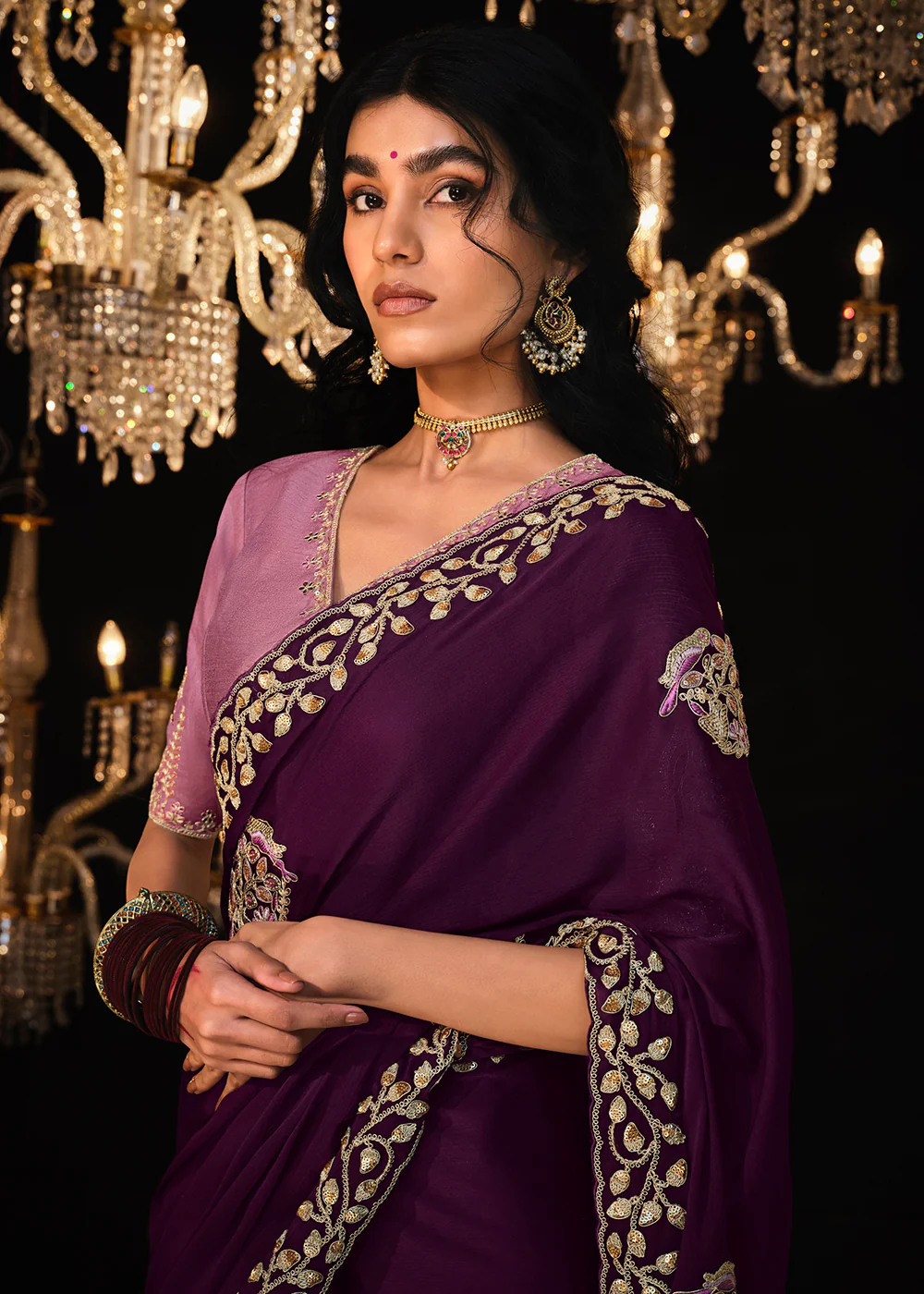 Fancy Purple Embroidered Designer Wedding Wear Saree - Image 2