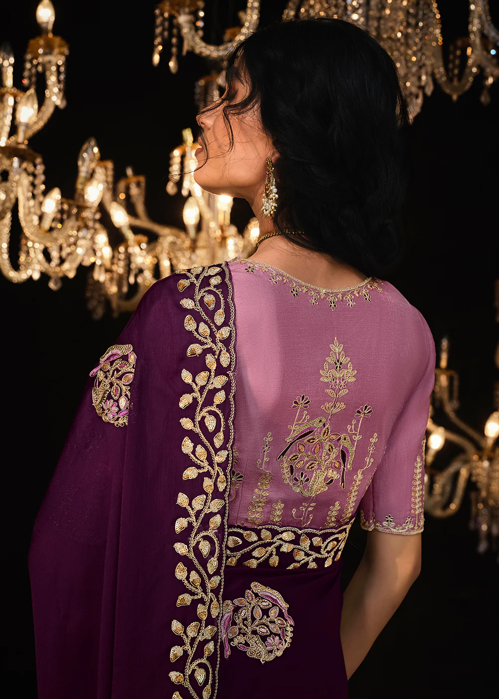Fancy Purple Embroidered Designer Wedding Wear Saree - Image 3