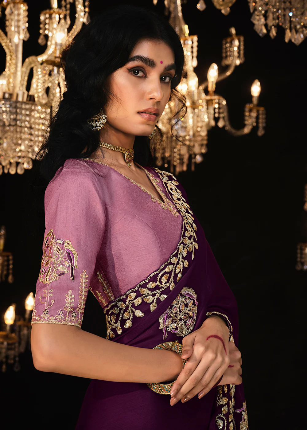 Fancy Purple Embroidered Designer Wedding Wear Saree - Image 4