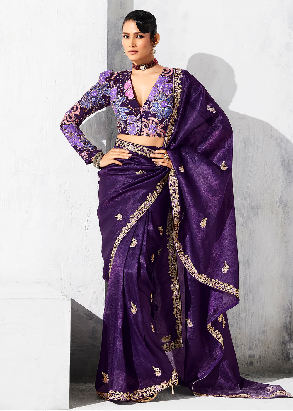 Fancy Purple Organza Tissue Designer Party Wear Saree