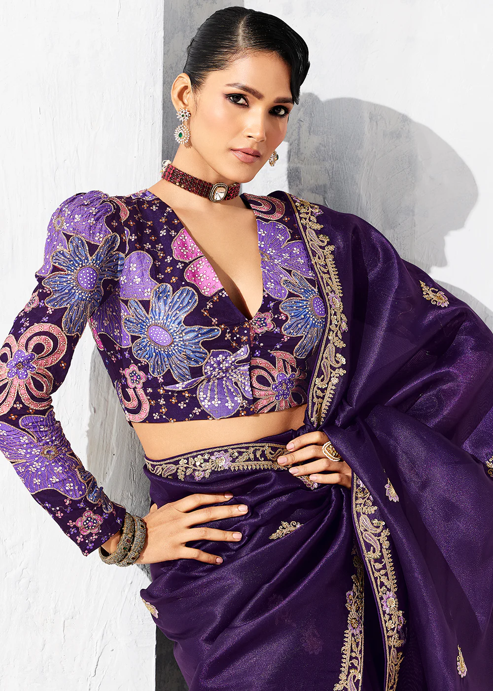 Fancy Purple Organza Tissue Designer Party Wear Saree - Image 2