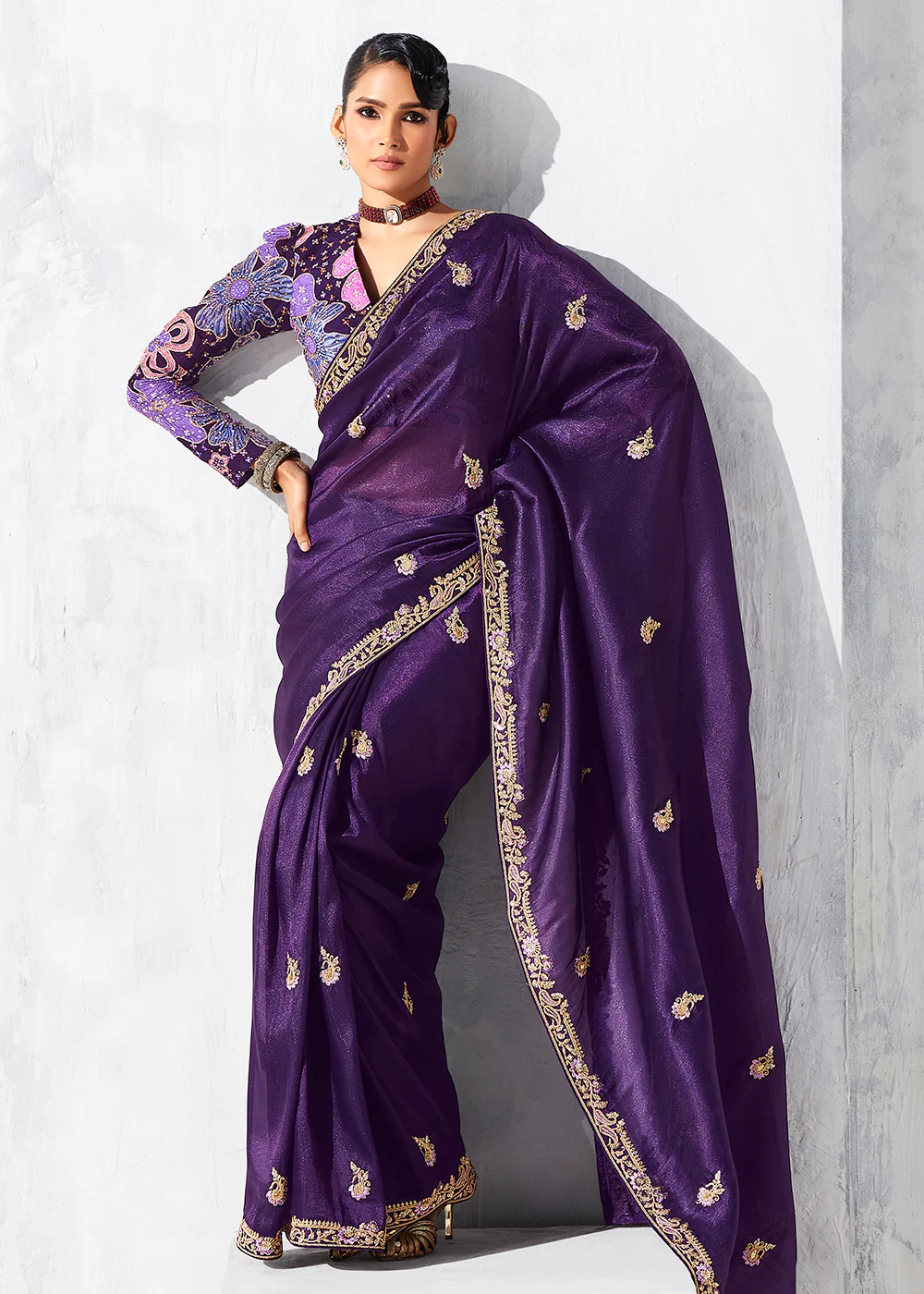 Fancy Purple Organza Tissue Designer Party Wear Saree - Image 3