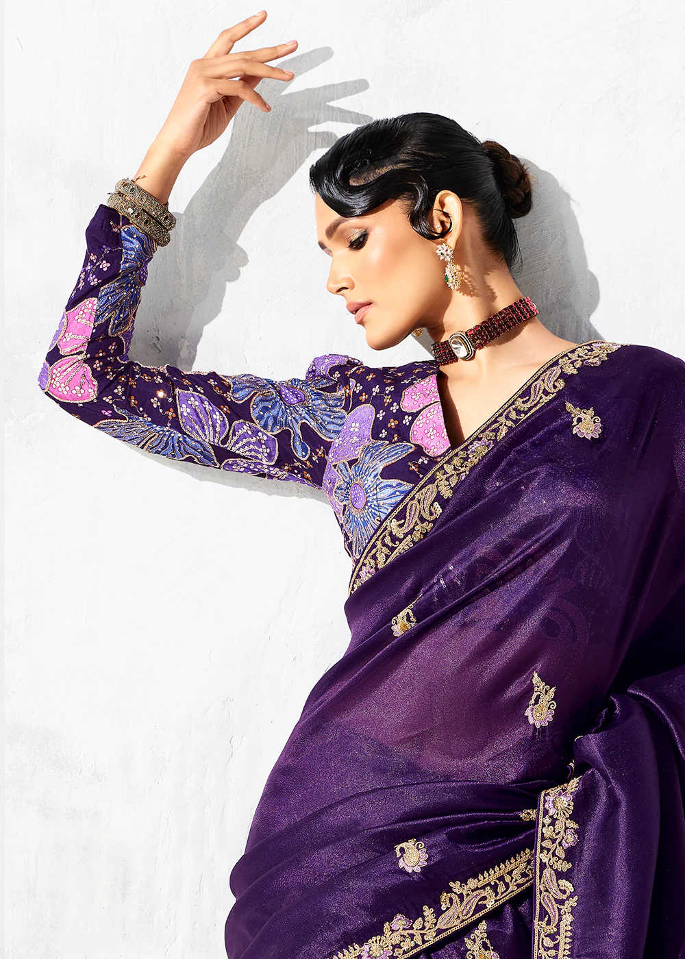 Fancy Purple Organza Tissue Designer Party Wear Saree - Image 4