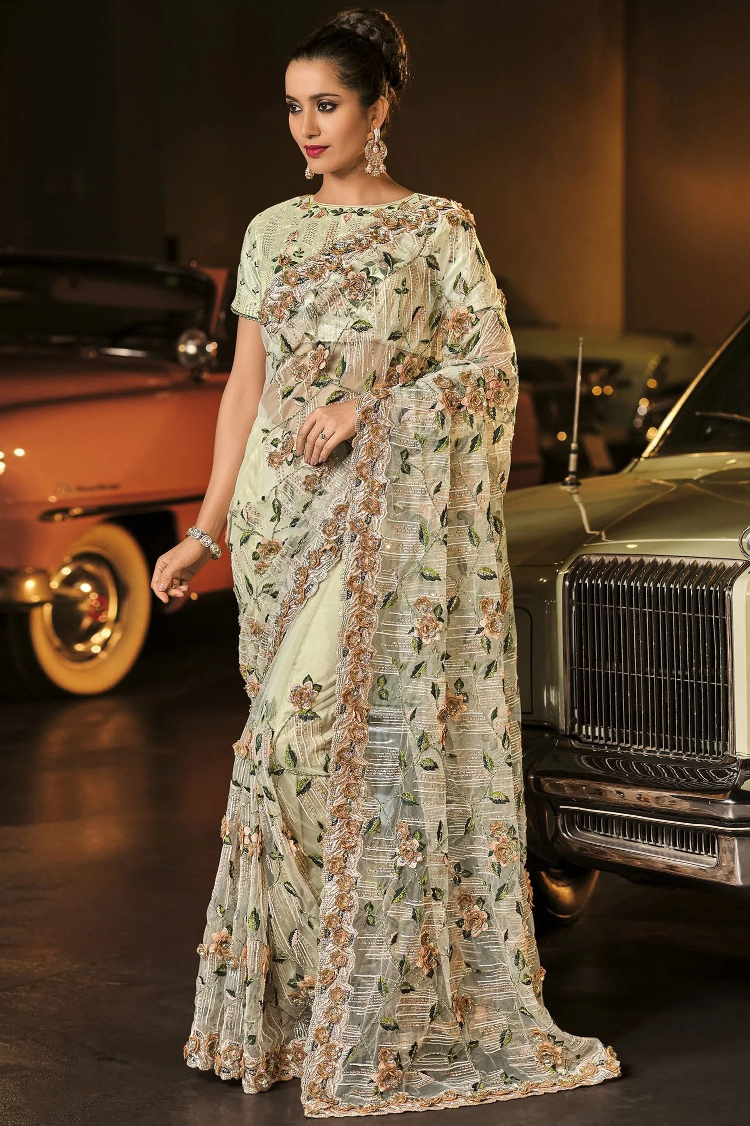 Fancy Royal Cream Net Designer Saree