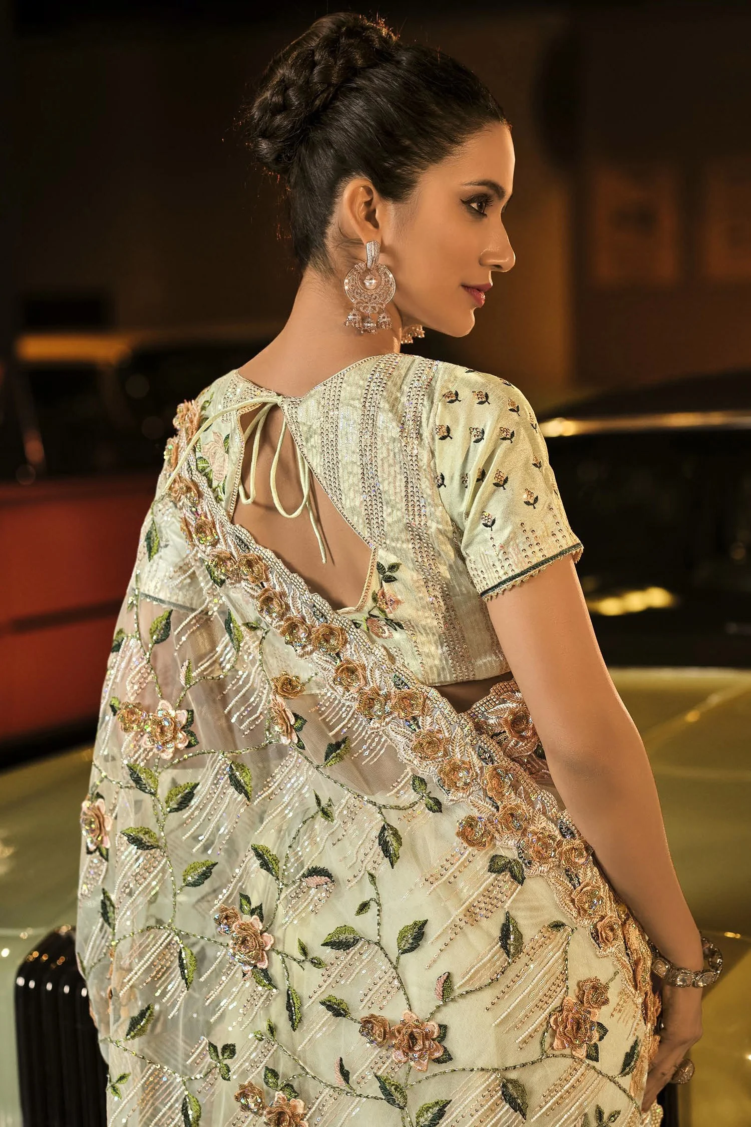 Fancy Royal Cream Net Designer Saree - Image 2