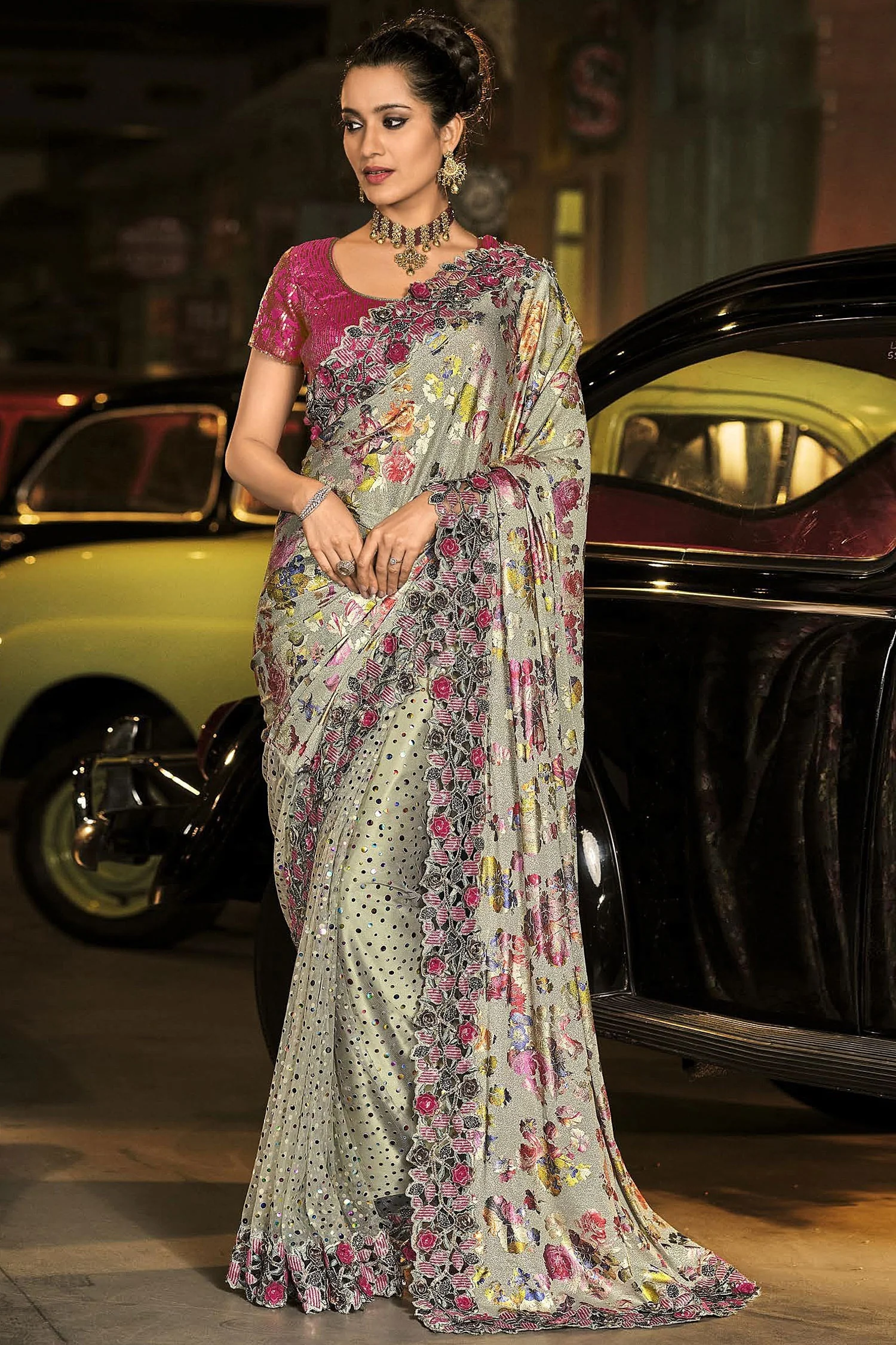 Fancy Sage Green Net Designer Saree