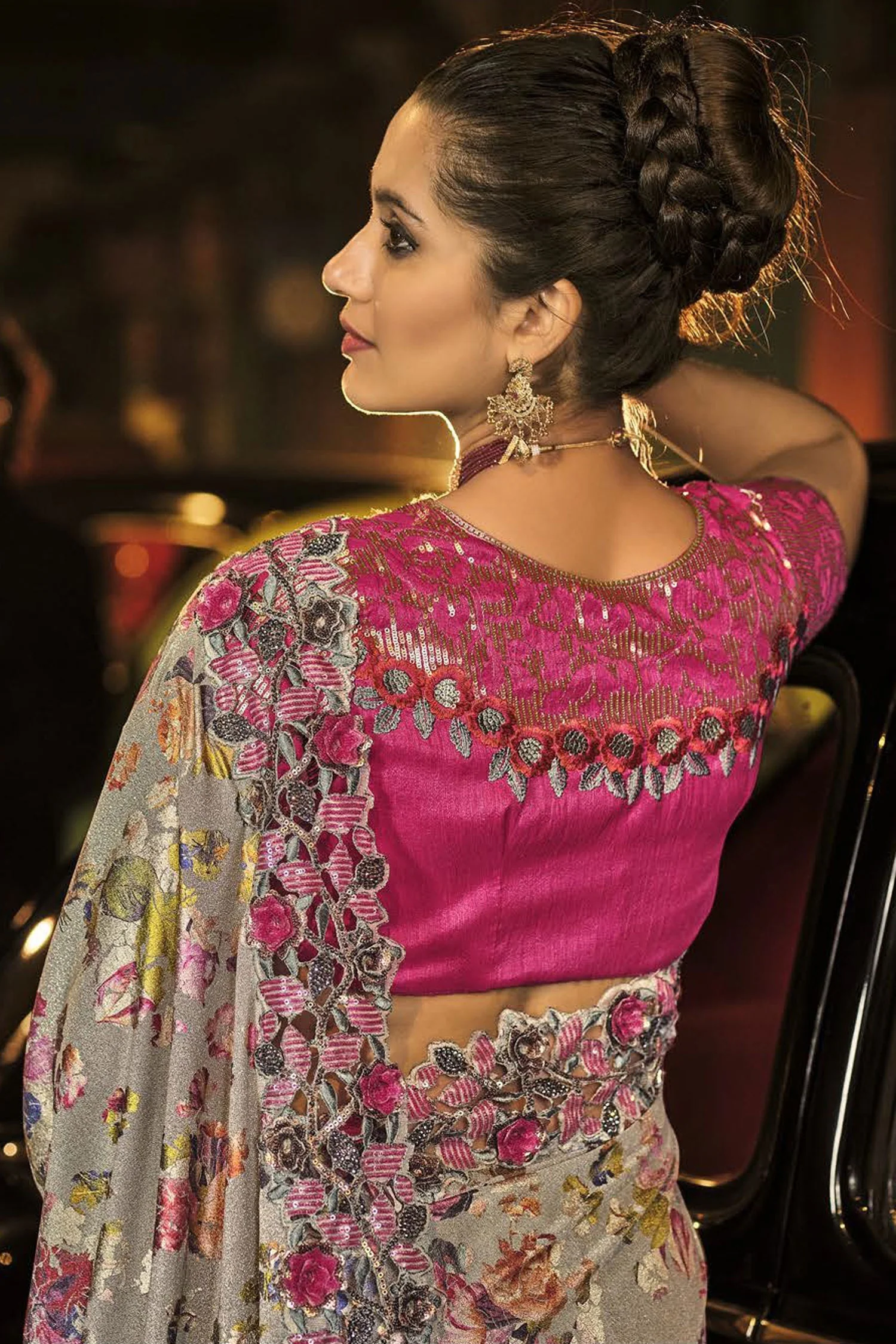 Fancy Sage Green Net Designer Saree - Image 3