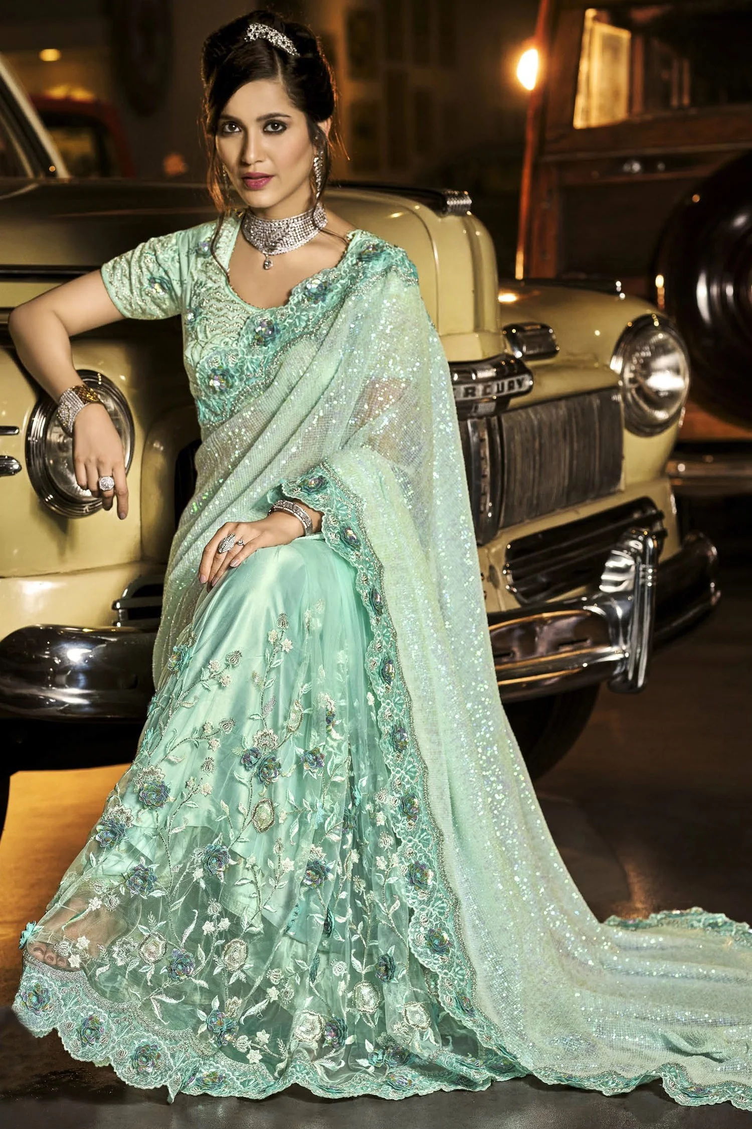 Fancy Sea Green Luxe Net Fabric Designer Saree - Image 2