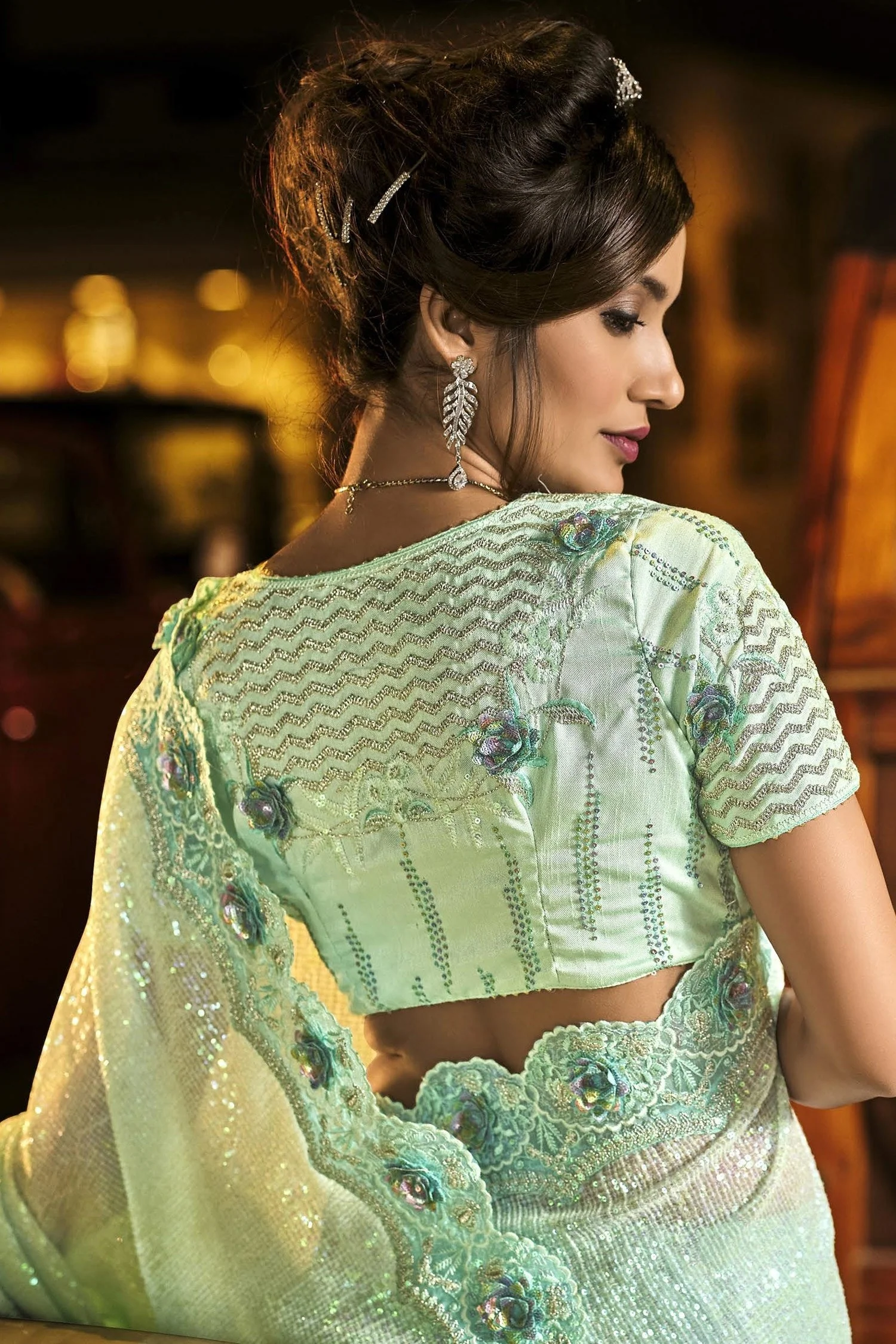 Fancy Sea Green Luxe Net Fabric Designer Saree - Image 3