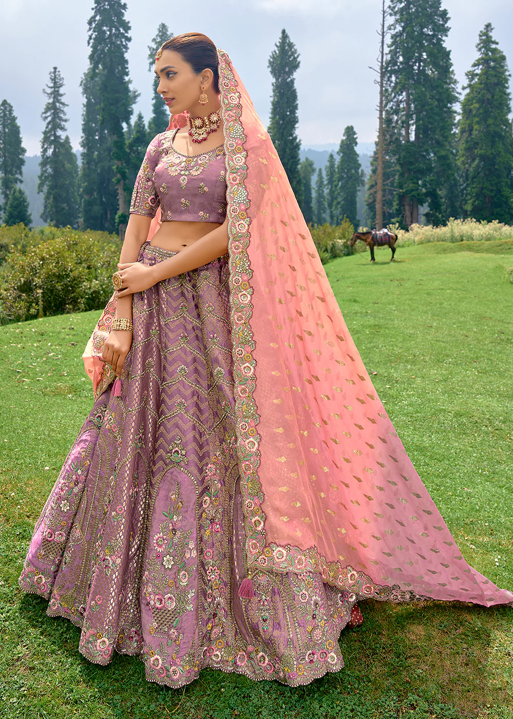 Fancy Silk Dusty Lilac Heavy Embroidered Designer Lehenga Choli - Image 3