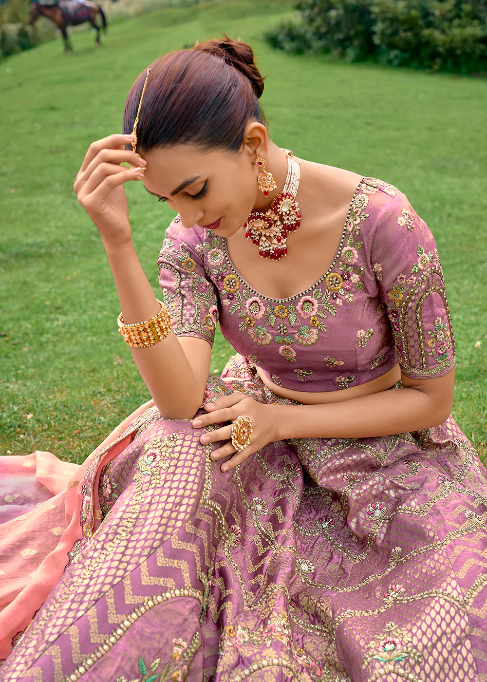 Fancy Silk Dusty Lilac Heavy Embroidered Designer Lehenga Choli - Image 4