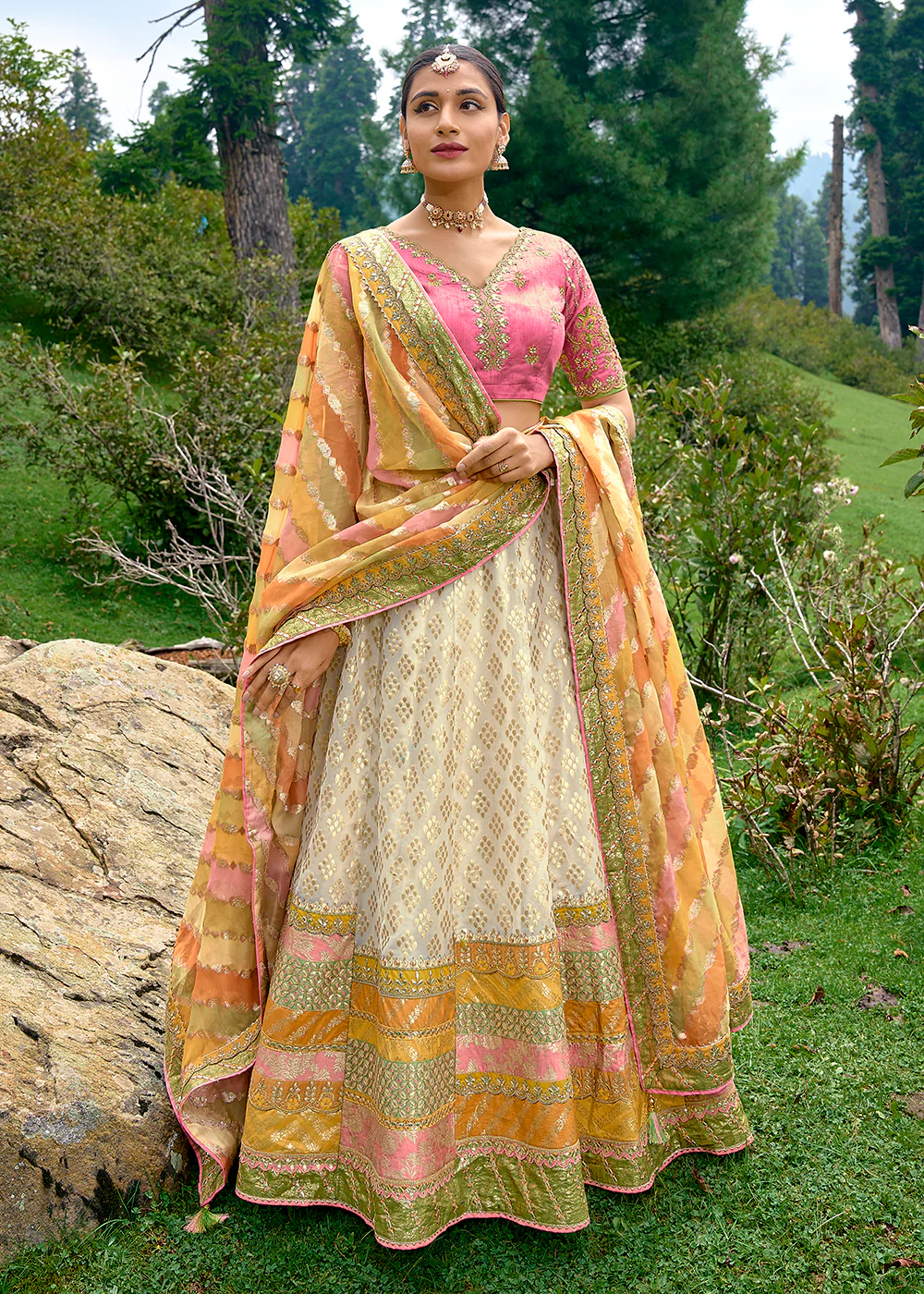 Fancy Silk Ivory Heavy Embroidered Designer Lehenga Choli