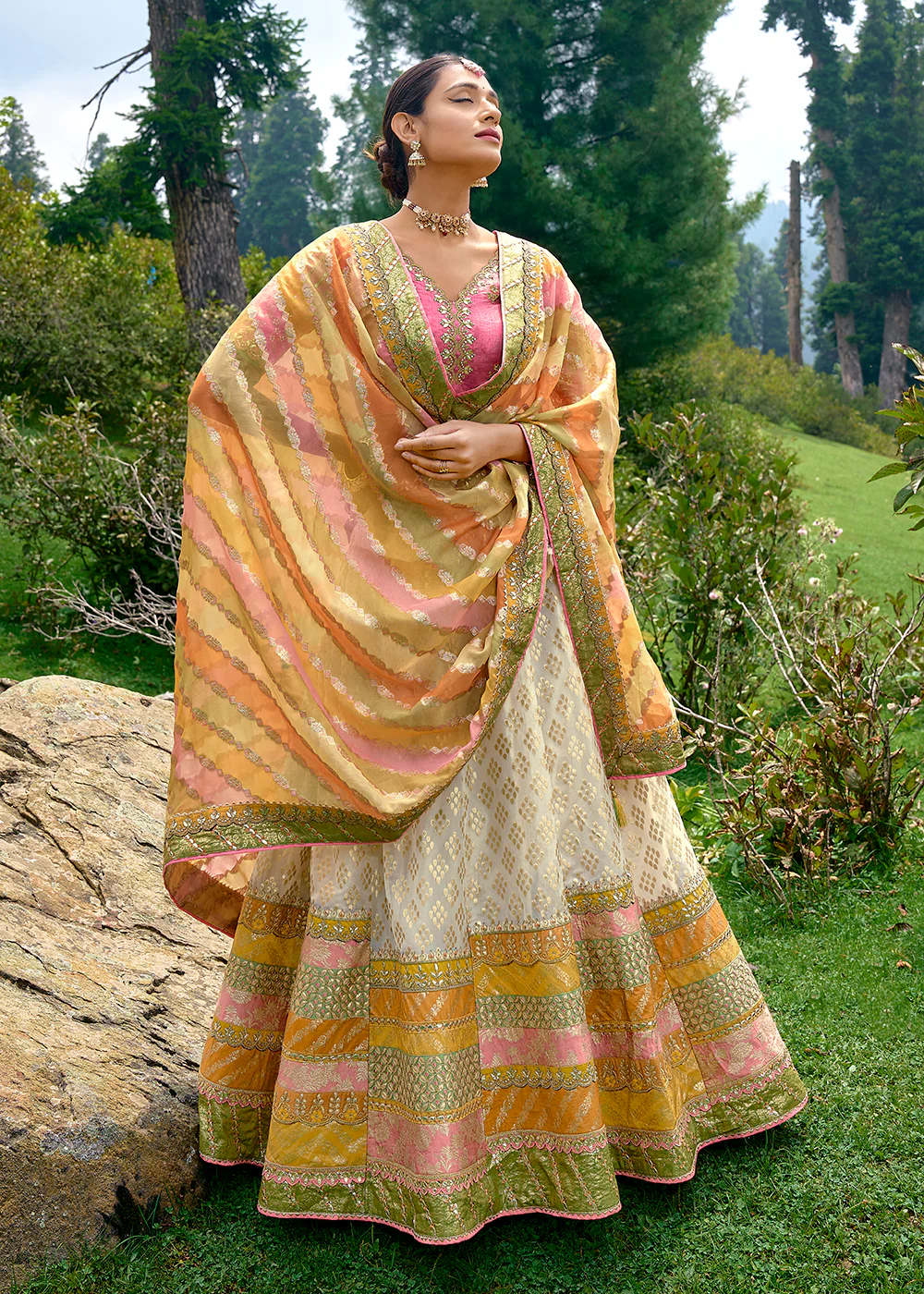 Fancy Silk Ivory Heavy Embroidered Designer Lehenga Choli - Image 4