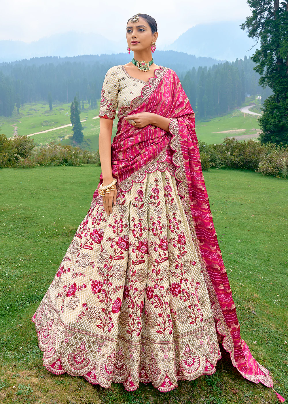 Fancy Silk Ivory Pink Heavy Embroidered Designer Lehenga Choli