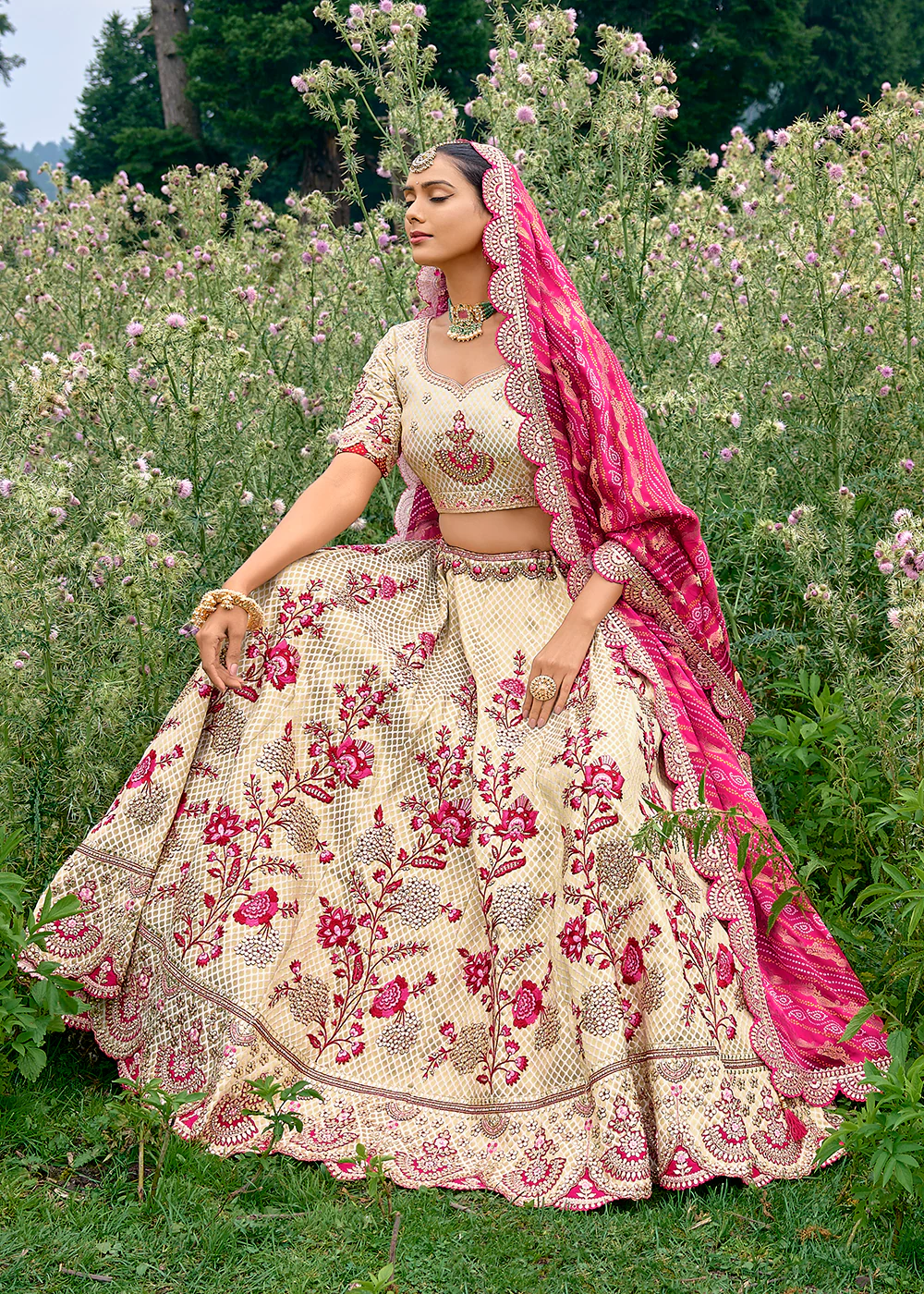 Fancy Silk Ivory Pink Heavy Embroidered Designer Lehenga Choli - Image 4