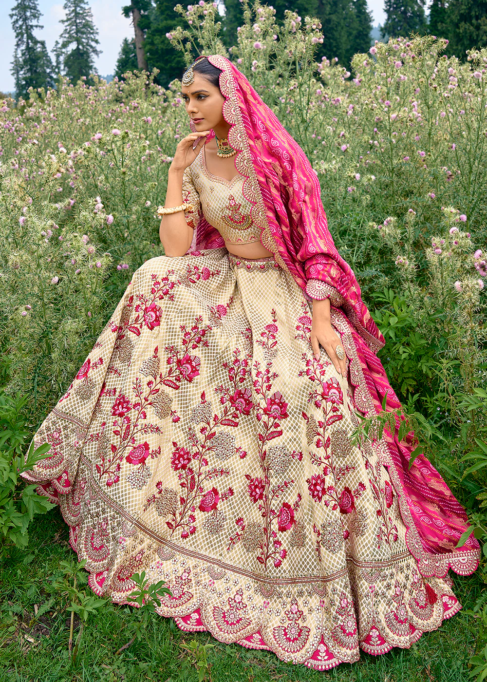 Fancy Silk Ivory Pink Heavy Embroidered Designer Lehenga Choli - Image 5