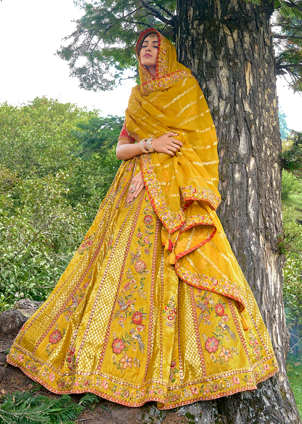 Fancy Silk Mustard Heavy Embroidered Designer Lehenga Choli - Image 3