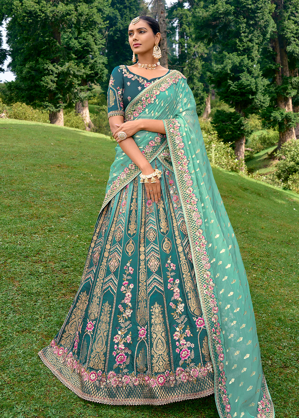 Fancy Silk Teal Heavy Embroidered Designer Lehenga Choli
