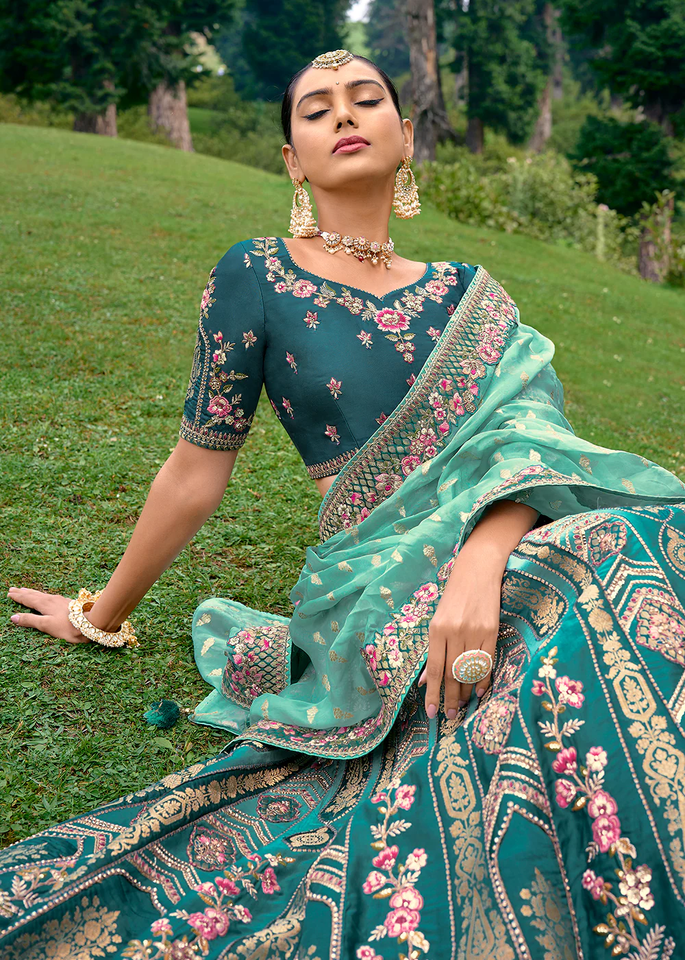Fancy Silk Teal Heavy Embroidered Designer Lehenga Choli - Image 2