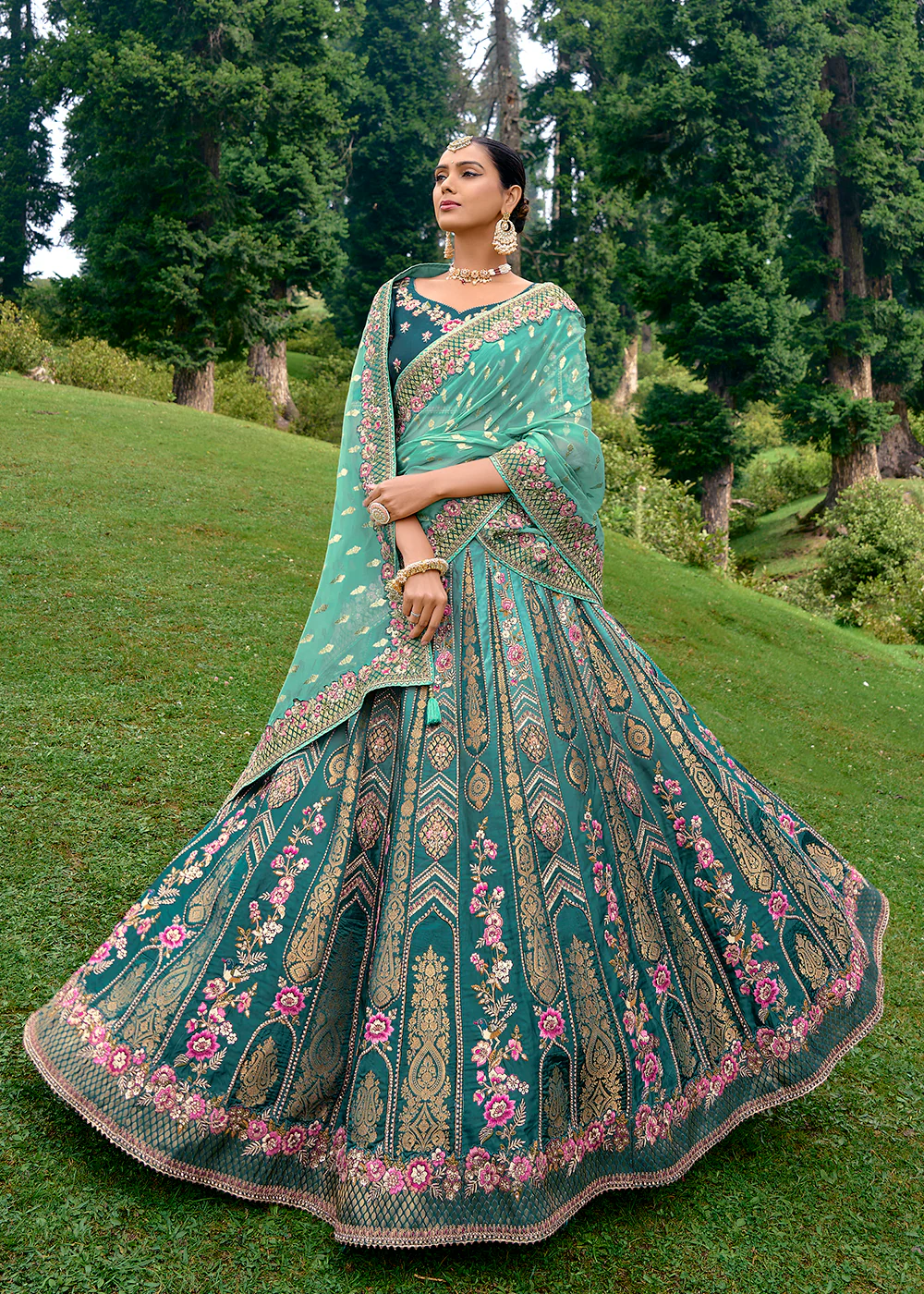 Fancy Silk Teal Heavy Embroidered Designer Lehenga Choli - Image 3