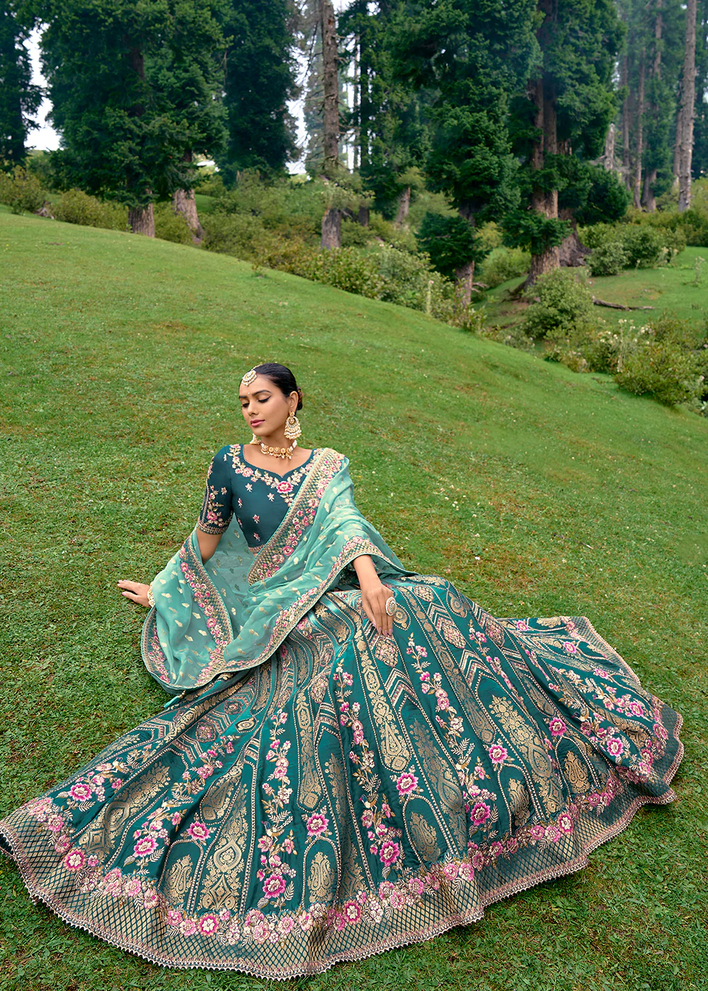 Fancy Silk Teal Heavy Embroidered Designer Lehenga Choli - Image 4