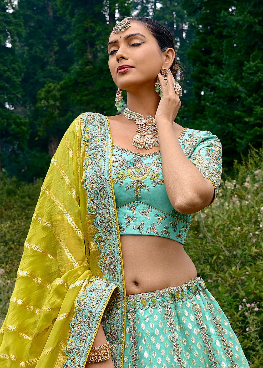 Fancy Silk Turquoise Heavy Embroidered Designer Lehenga Choli - Image 2